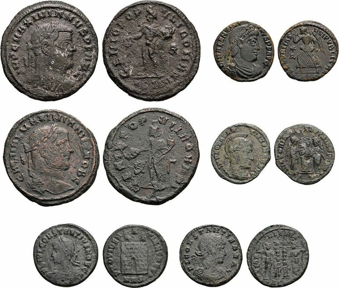 ROM Lot 6 Stk. Folles Maximianus, Valentinianus I., Constantinus I., Constantius II. – Vorderseite