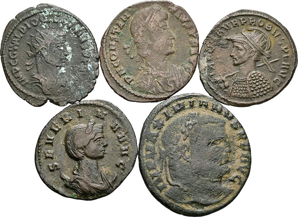 Lot 5 Stück Münzen Severina, Diocletian, Probus, Maximianus, Constantius – Vorderseite
