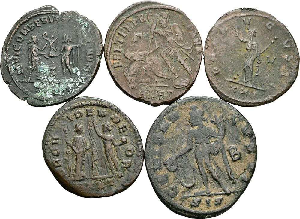 Lot 5 Stück Münzen Severina, Diocletian, Probus, Maximianus, Constantius – Rückseite