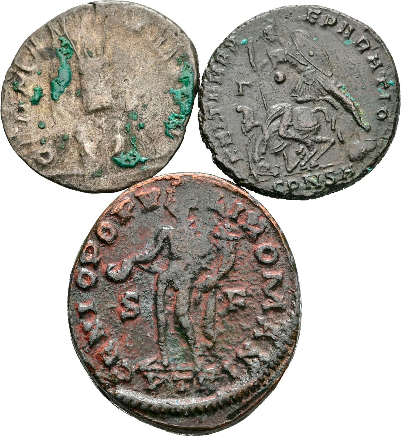 Lot mit 3 Bronzemünzen, davon 1x fake Maximianus