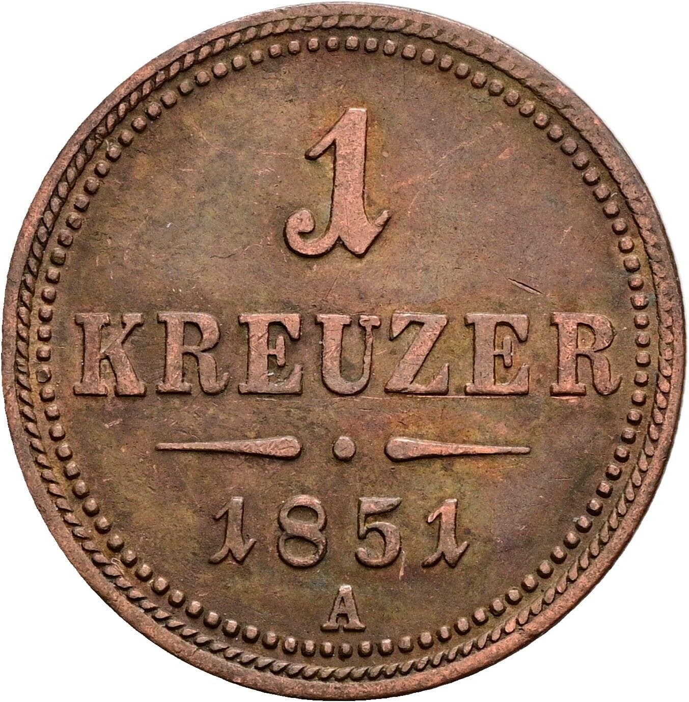 1 Kreuzer Franz Joseph I. 1848-1916 1851 A, Wien – Vorderseite