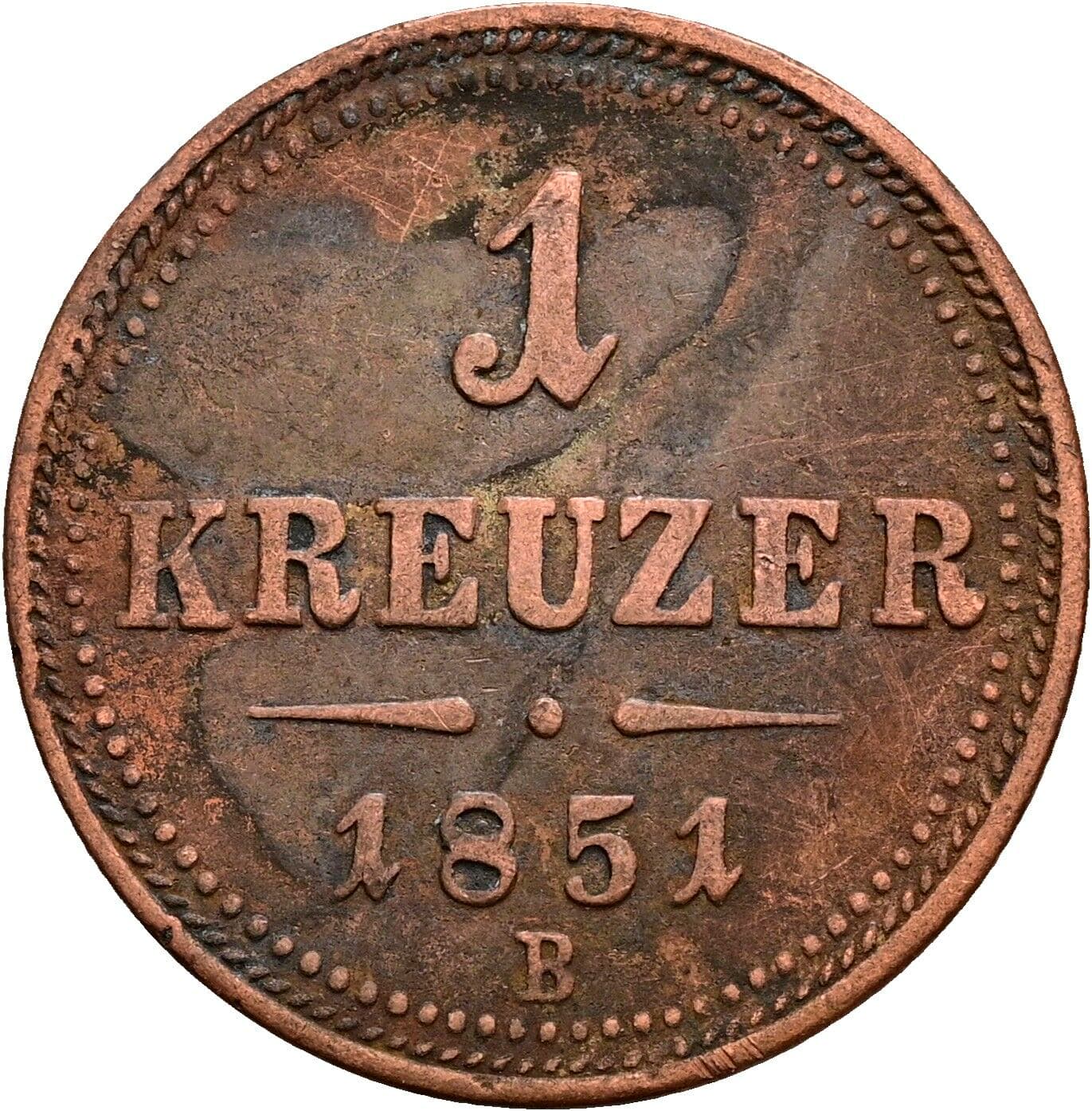 1 Kreuzer Franz Joseph I. 1848-1916 1851 B, Kremnitz – Vorderseite