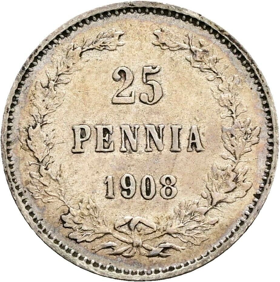 25 Penniä Nikolaij II. 1894-1917 1908 L – Vorderseite