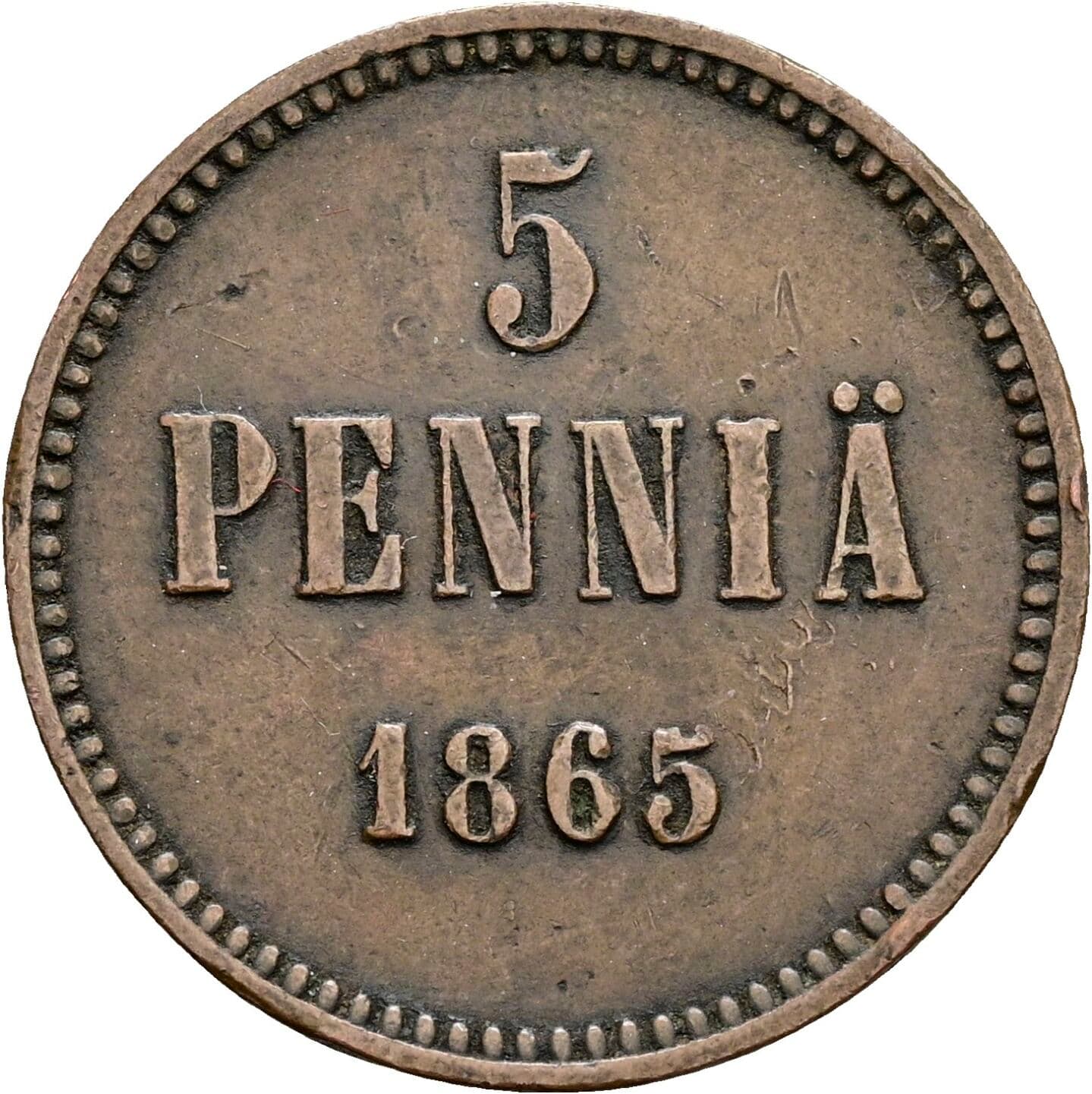 5 Penniä Alexander II. 1855-1881 1865 – Vorderseite