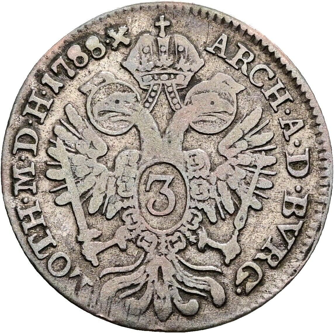 3 Kreuzer Joseph II. 1780-1790 1788 B, Kremnitz – Rückseite