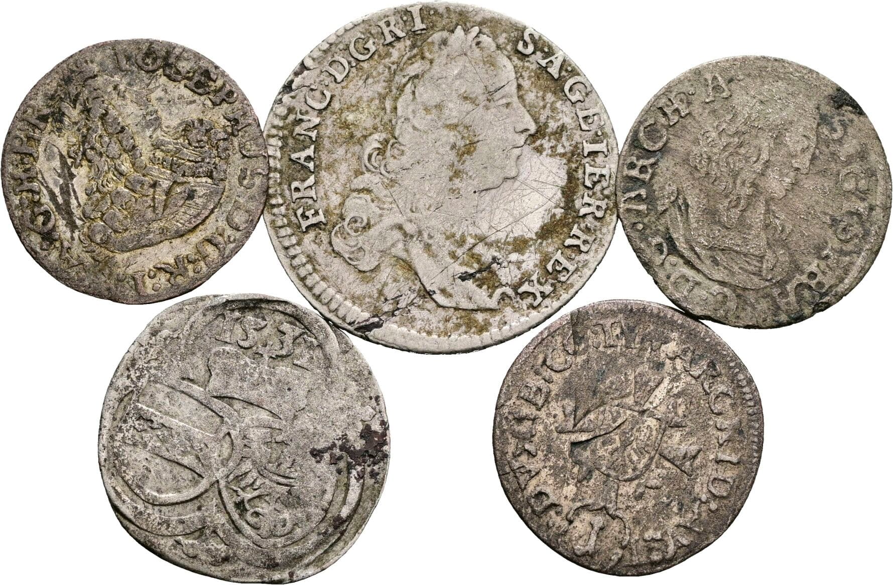 Lot 5 Stück Silber Kleinmünzen Joseph I., EH Sigismund Franz, Ferdinand II., Franz I. Stephan – Vorderseite