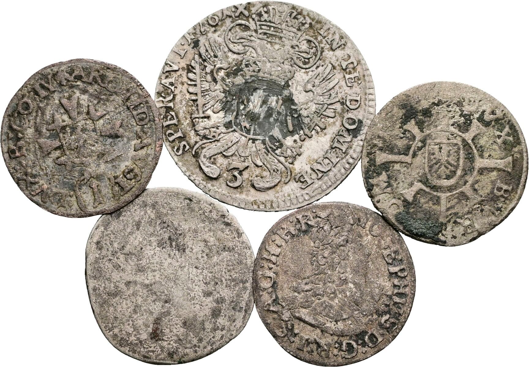 Lot 5 Stück Silber Kleinmünzen Joseph I., EH Sigismund Franz, Ferdinand II., Franz I. Stephan – Rückseite
