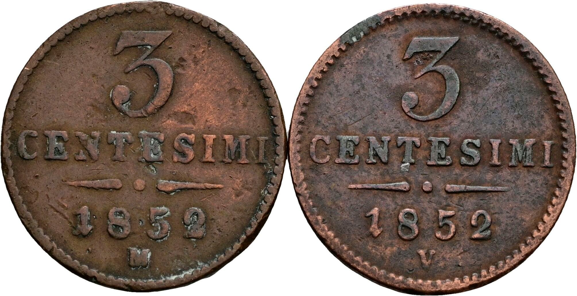 Lot 2 Stück 3 Centesimi Franz Joseph I. 1848-1916 1852 M, V – Vorderseite