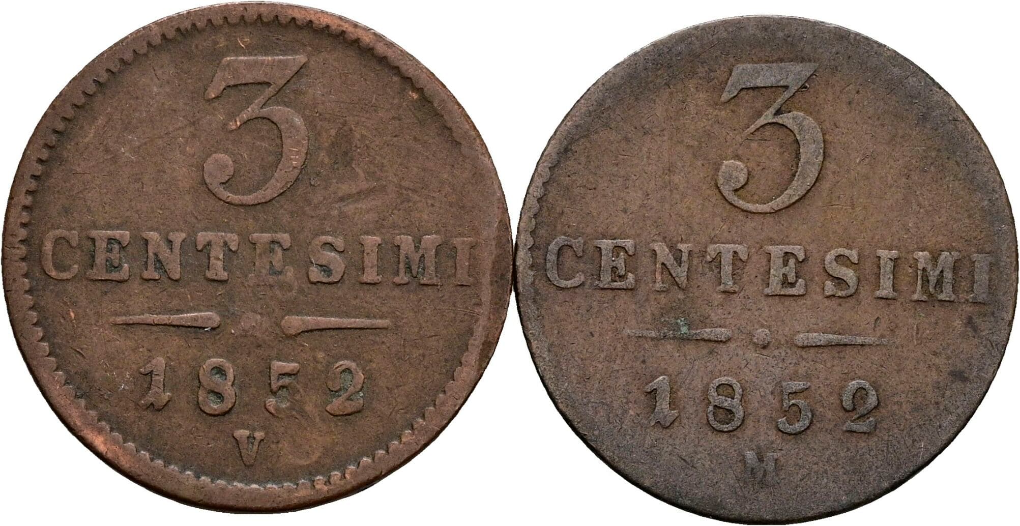 Lot 2 Stück 3 Centesimi Franz Joseph I. 1848-1916 1852 M, V – Vorderseite