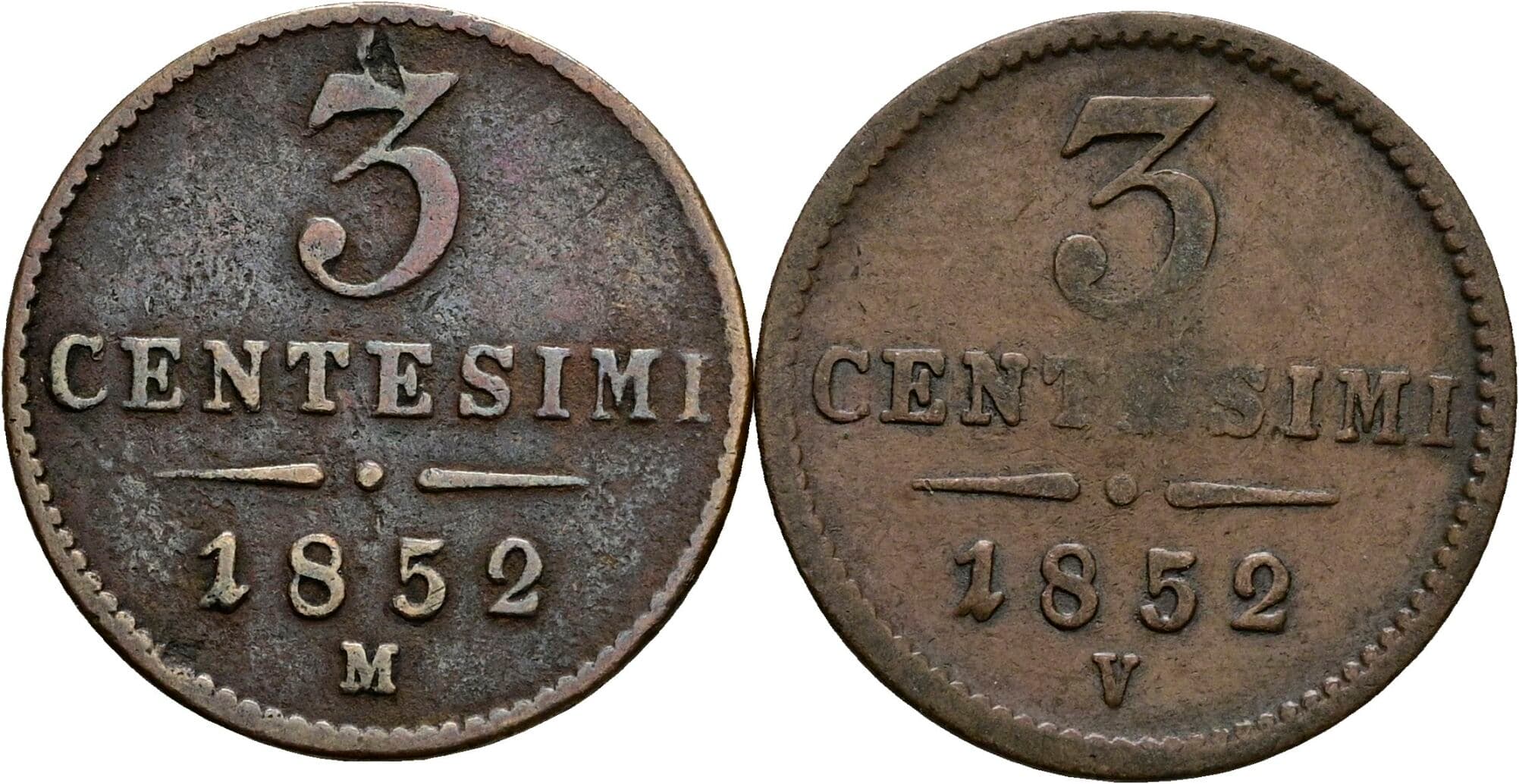 Lot 2 Stück 3 Centesimi Franz Joseph I. 1848-1916 1852 M, V – Vorderseite