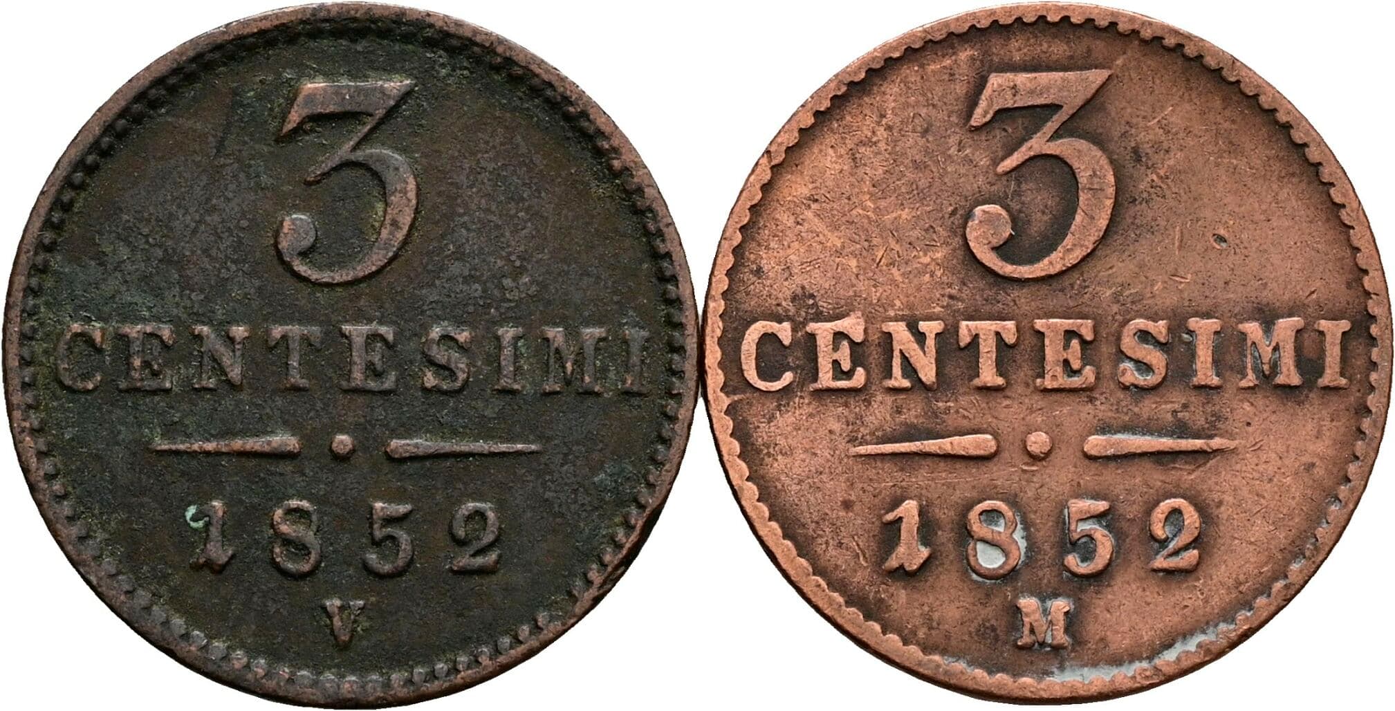 Lot 2 Stück 3 Centesimi Franz Joseph I. 1848-1916 1852 M, V – Vorderseite