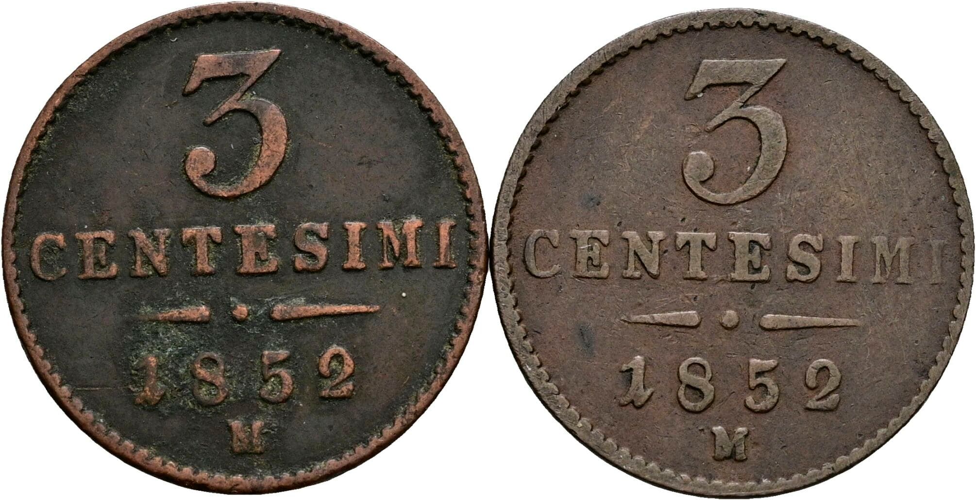 Lot 2 Stück 3 Centesimi Franz Joseph I. 1848-1916 1852 M, V – Vorderseite
