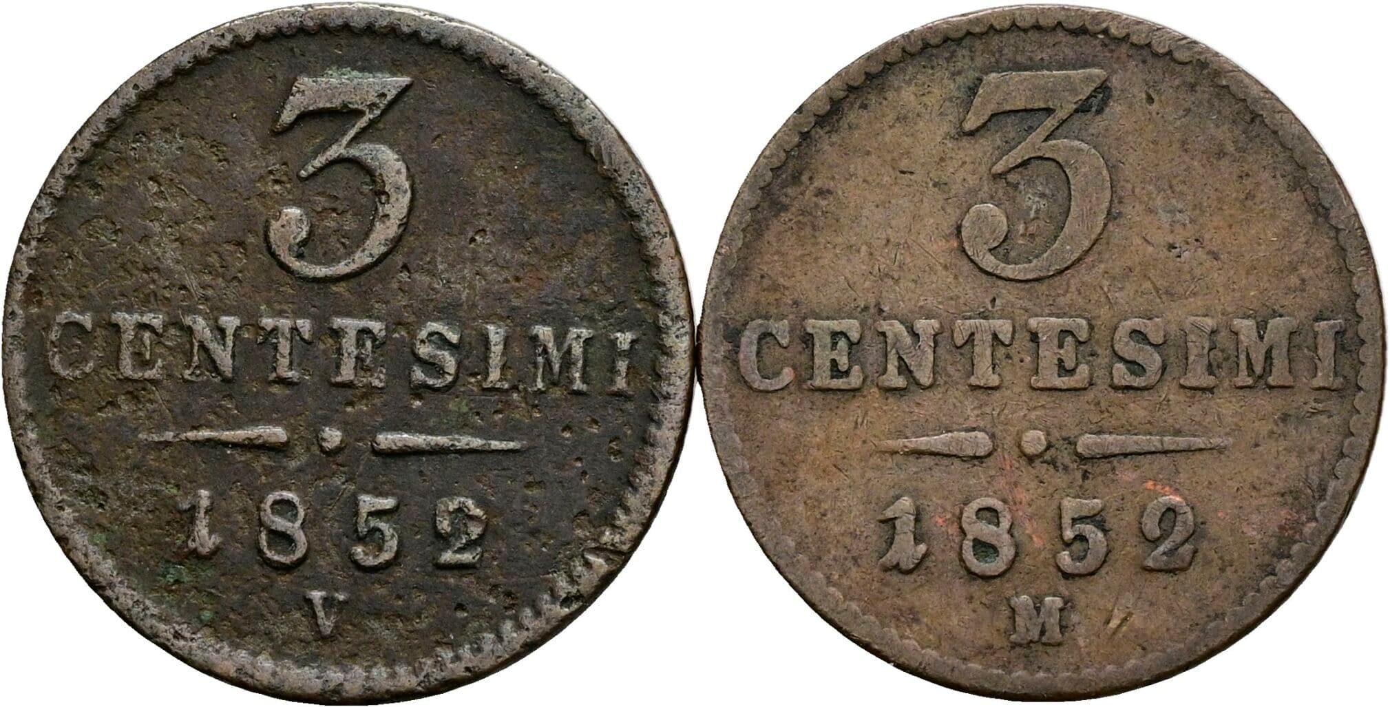 Lot 2 Stück 3 Centesimi Franz Joseph I. 1848-1916 1852 M, V – Vorderseite