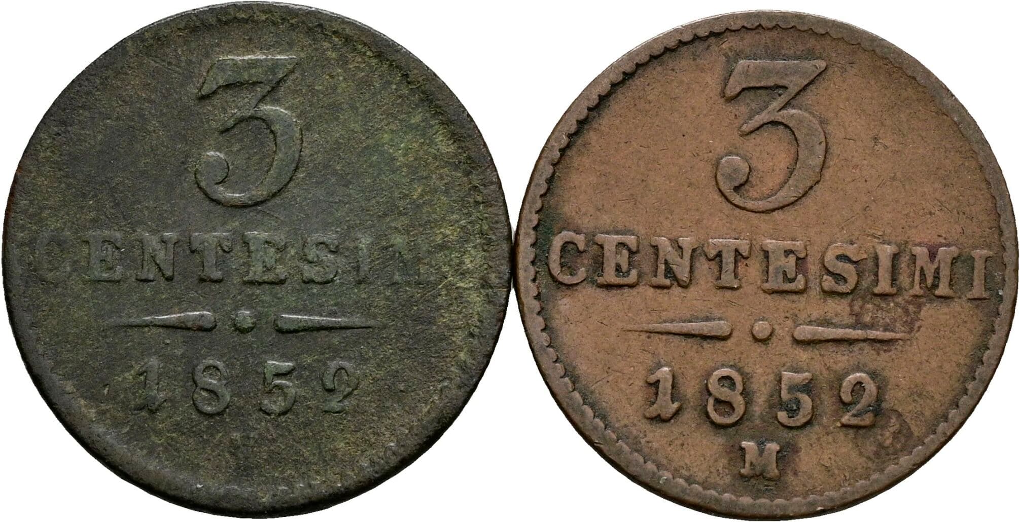 Lot 2 Stück 3 Centesimi Franz Joseph I. 1848-1916 1852 M, V – Vorderseite