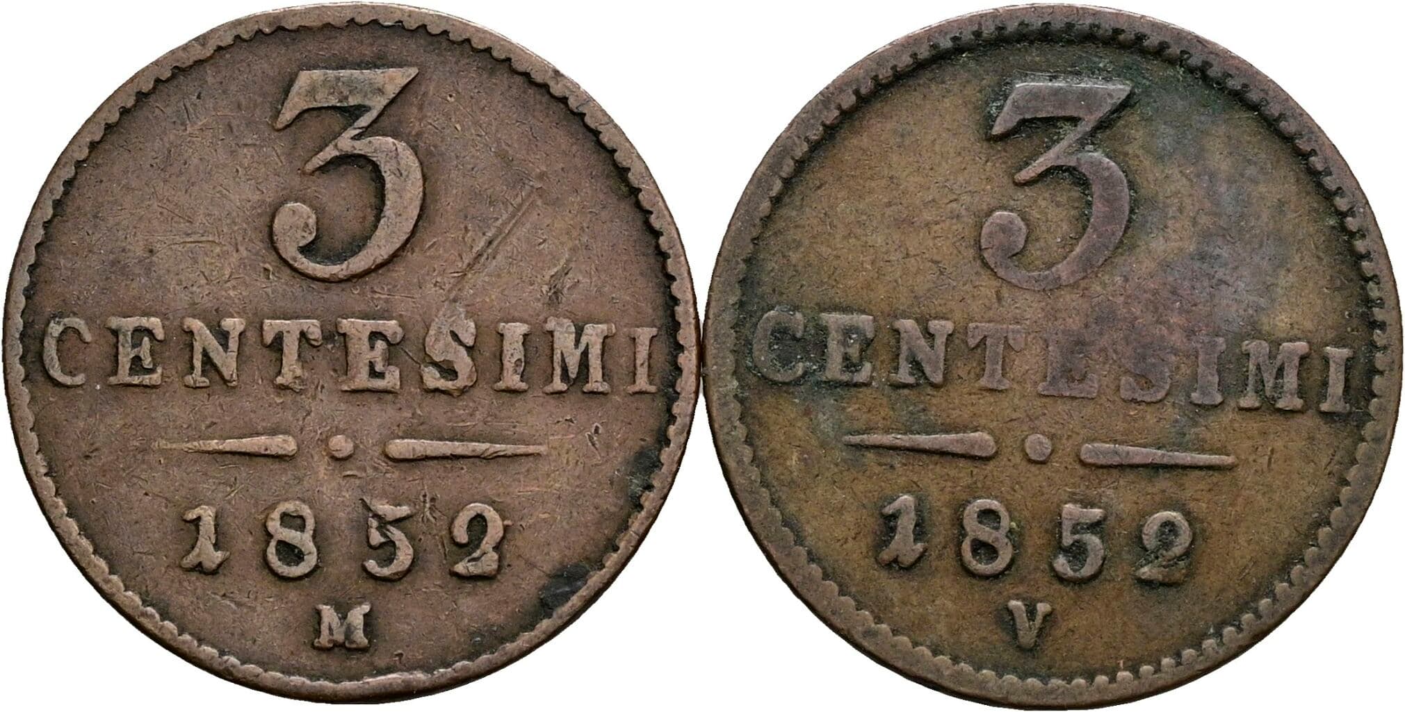 Lot 2 Stück 3 Centesimi Franz Joseph I. 1848-1916 1852 M, V – Vorderseite