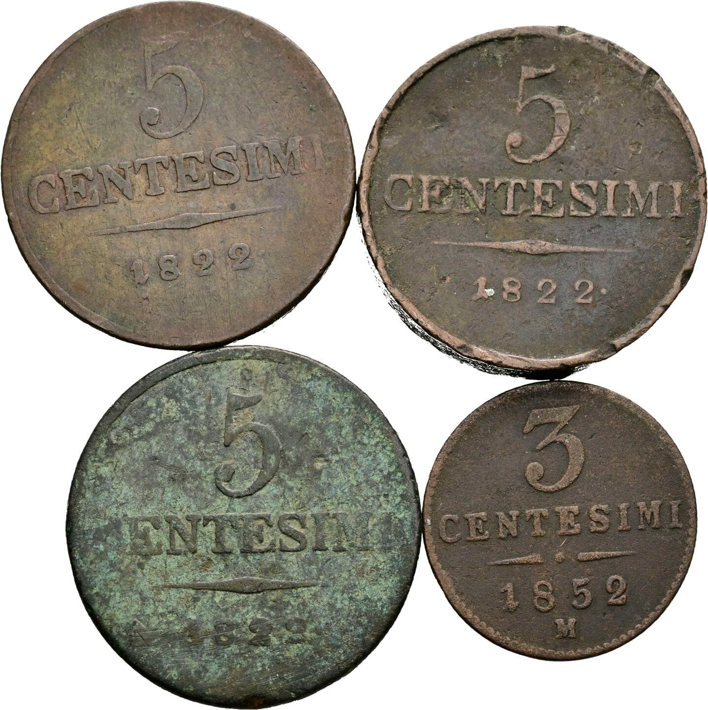 Lot 4 Stück Centesimi Franz II. (I.) und Kaiser Franz Joseph I. 1822 V, 1822 M, 1852 M – Vorderseite