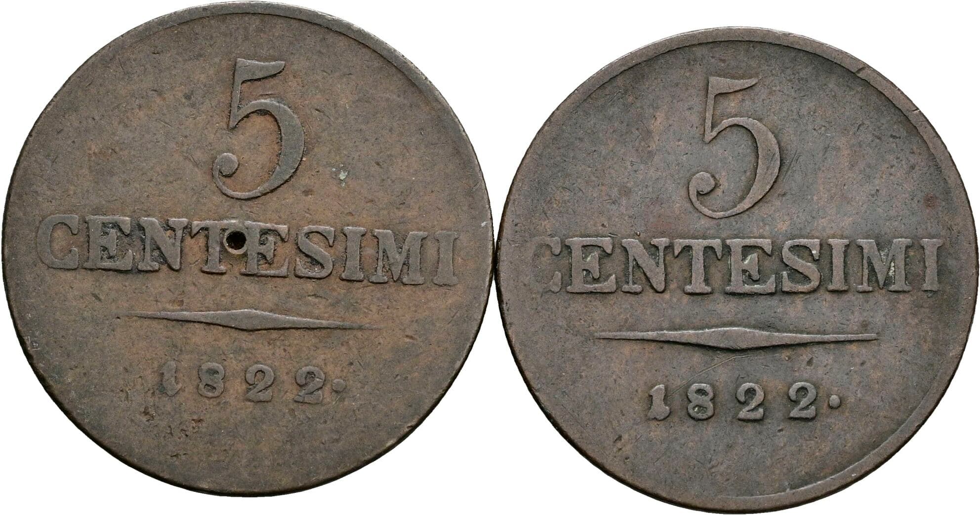 Lot 2 Stück 5 Centesimi Franz II. (I). 1792-1835 1822 M+V – Vorderseite