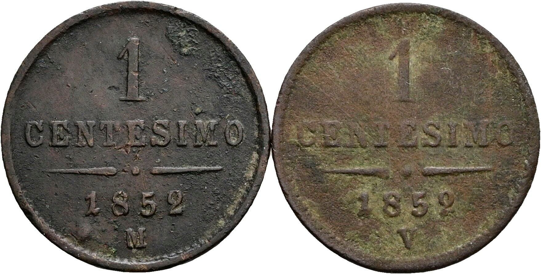 Lot 2 Stück 1 Centesimo Franz Joseph I. 1848-1916 1852 V+M – Vorderseite