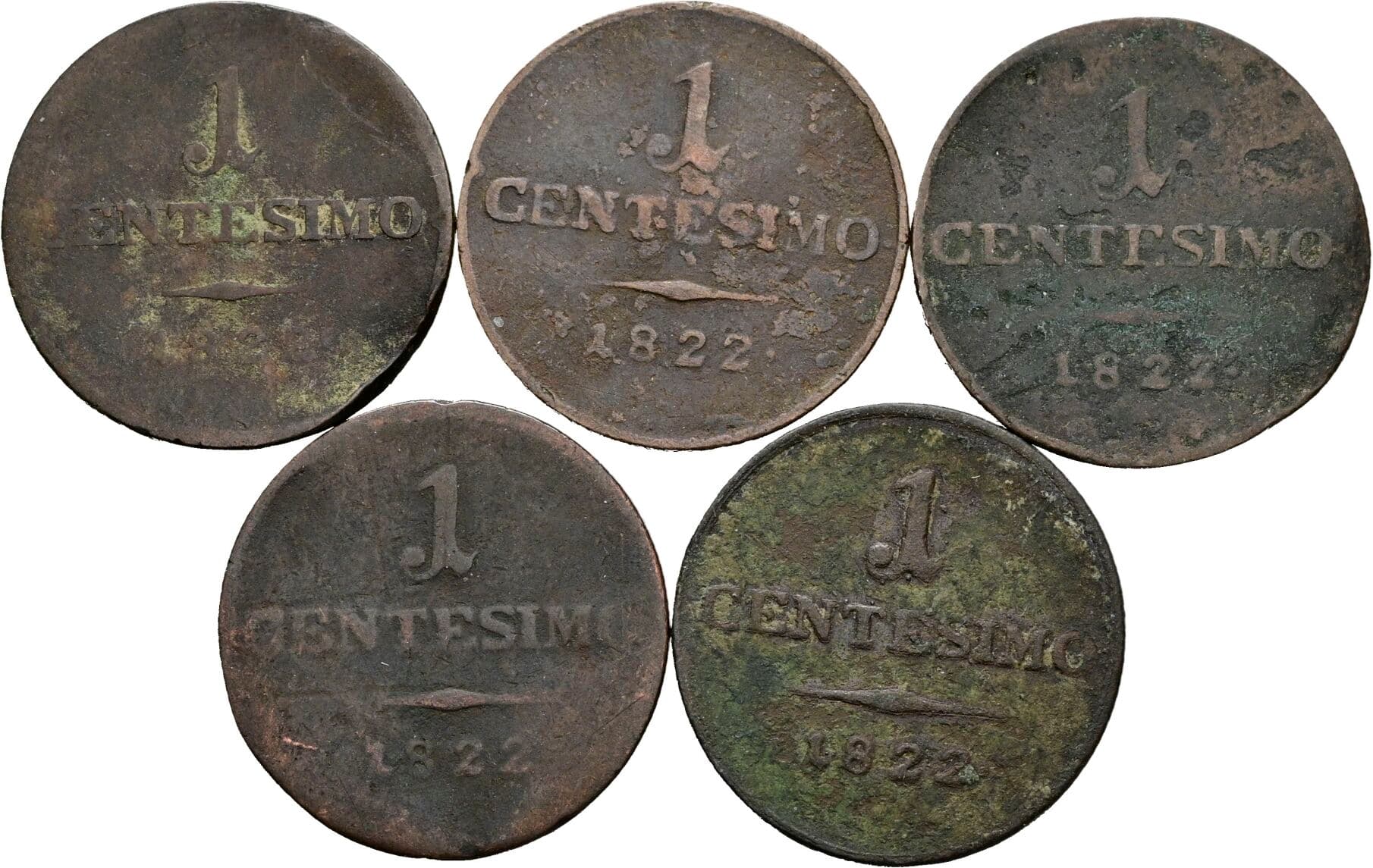 Lot 5 Stück 1 Centesimo Franz II. (I). 1792-1835 1822 M+V – Vorderseite