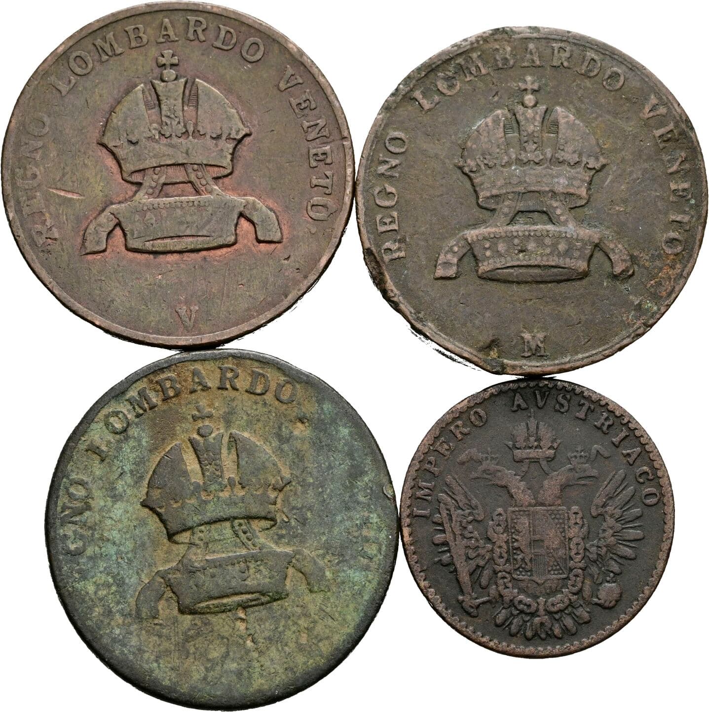 Lot 4 Stück Centesimi Franz II. (I.) und Kaiser Franz Joseph I. 1822 V, 1822 M, 1852 M – Rückseite
