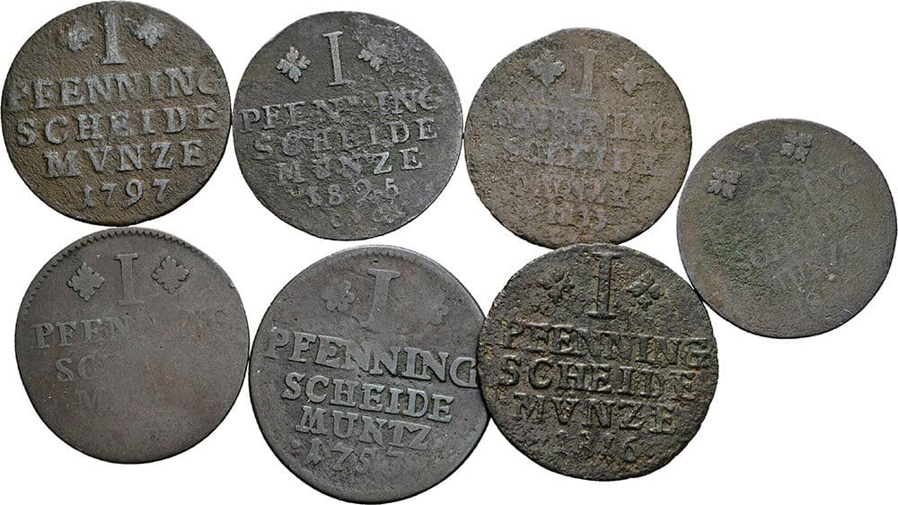 Lot 7 Stück Pfennige – Vorderseite