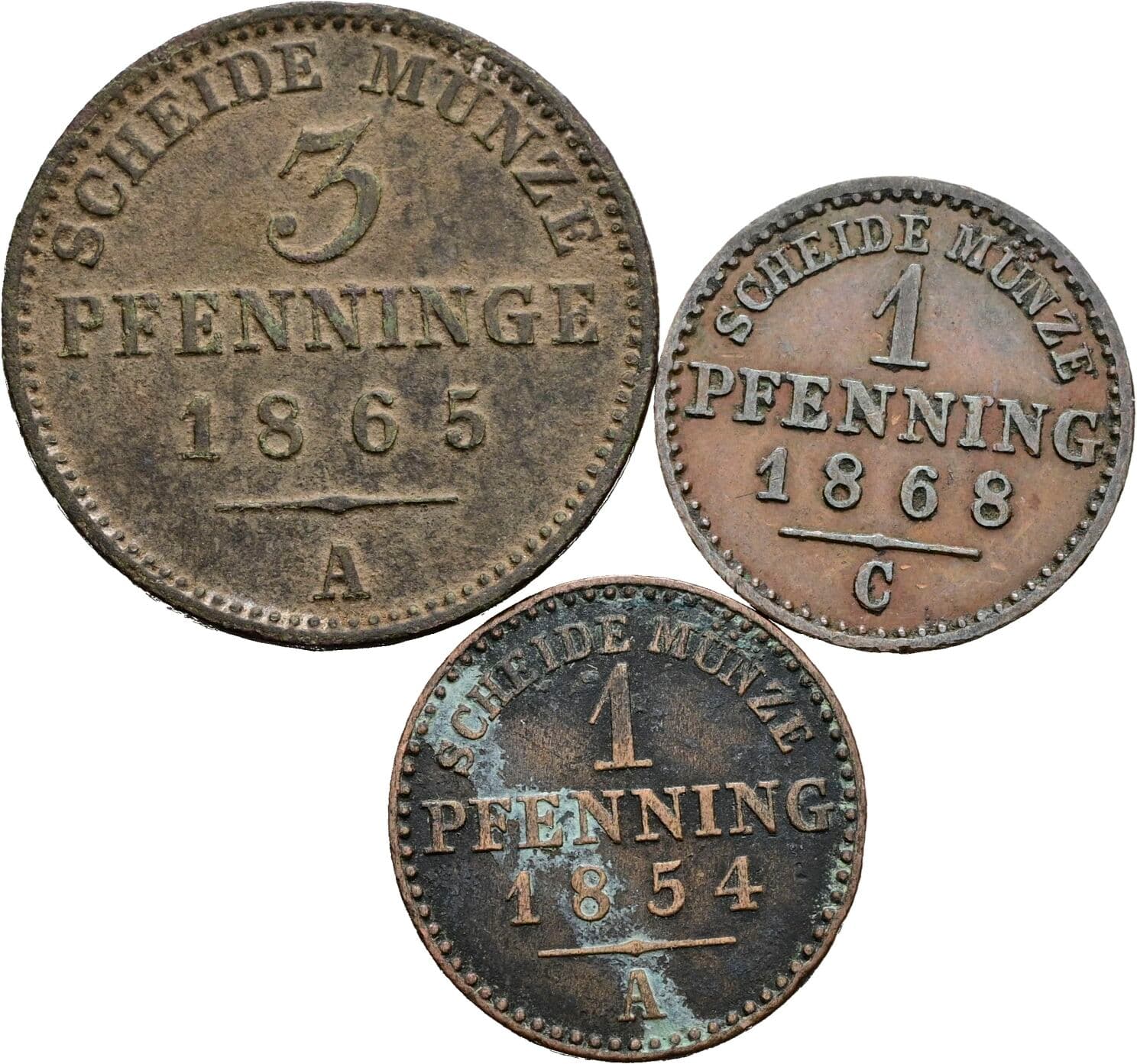 Lot 3 Stück Pfennig 1854 A, 1865 A, 1868 C – Vorderseite