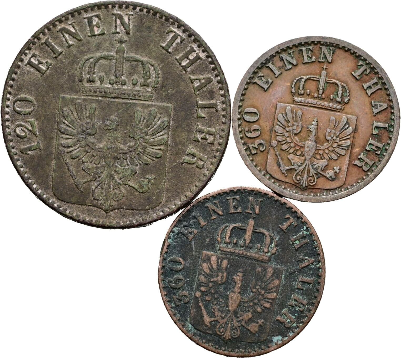 Lot 3 Stück Pfennig 1854 A, 1865 A, 1868 C – Rückseite