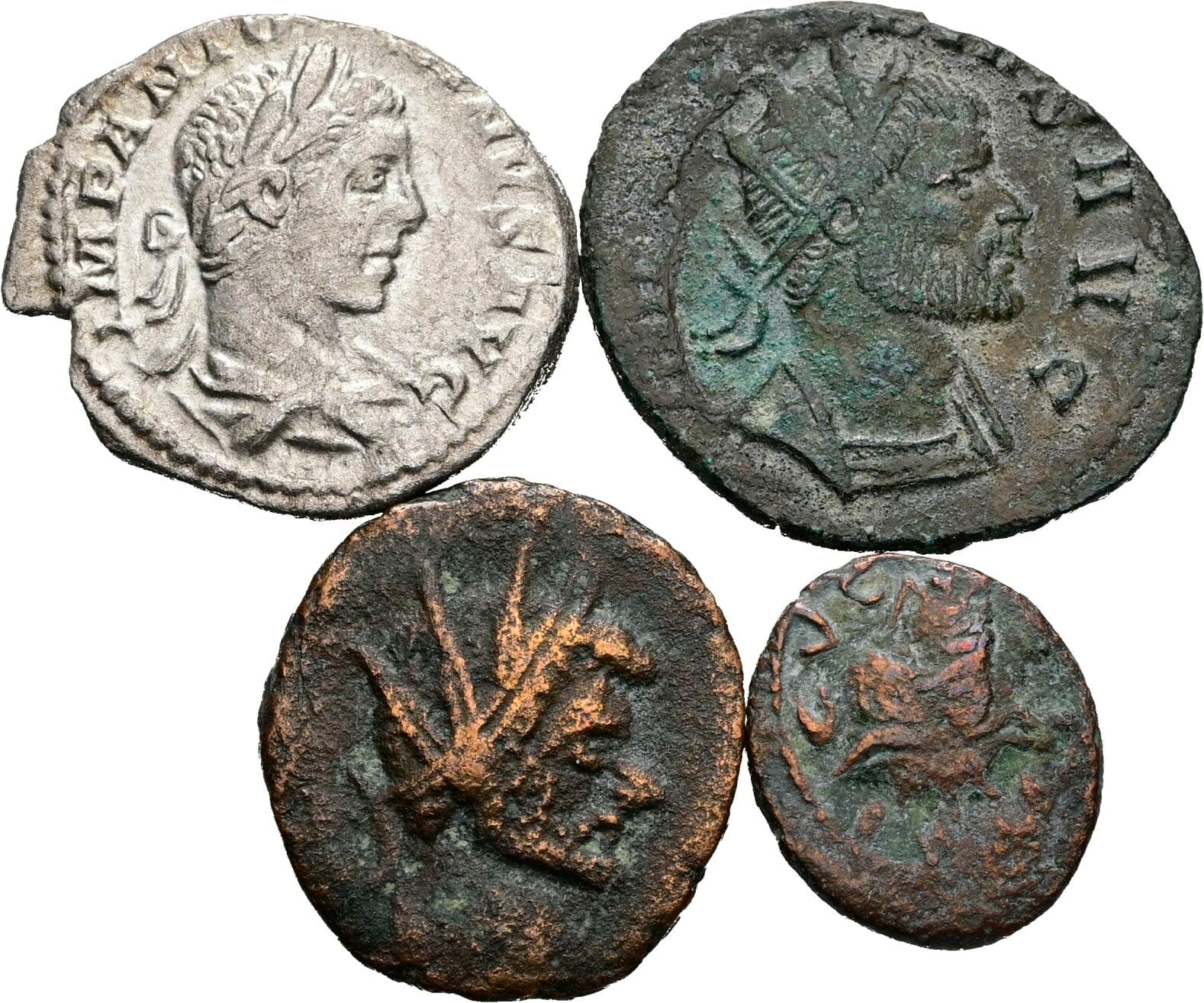 Denar, 3 Stück spätrömische Folles, Antoniniane