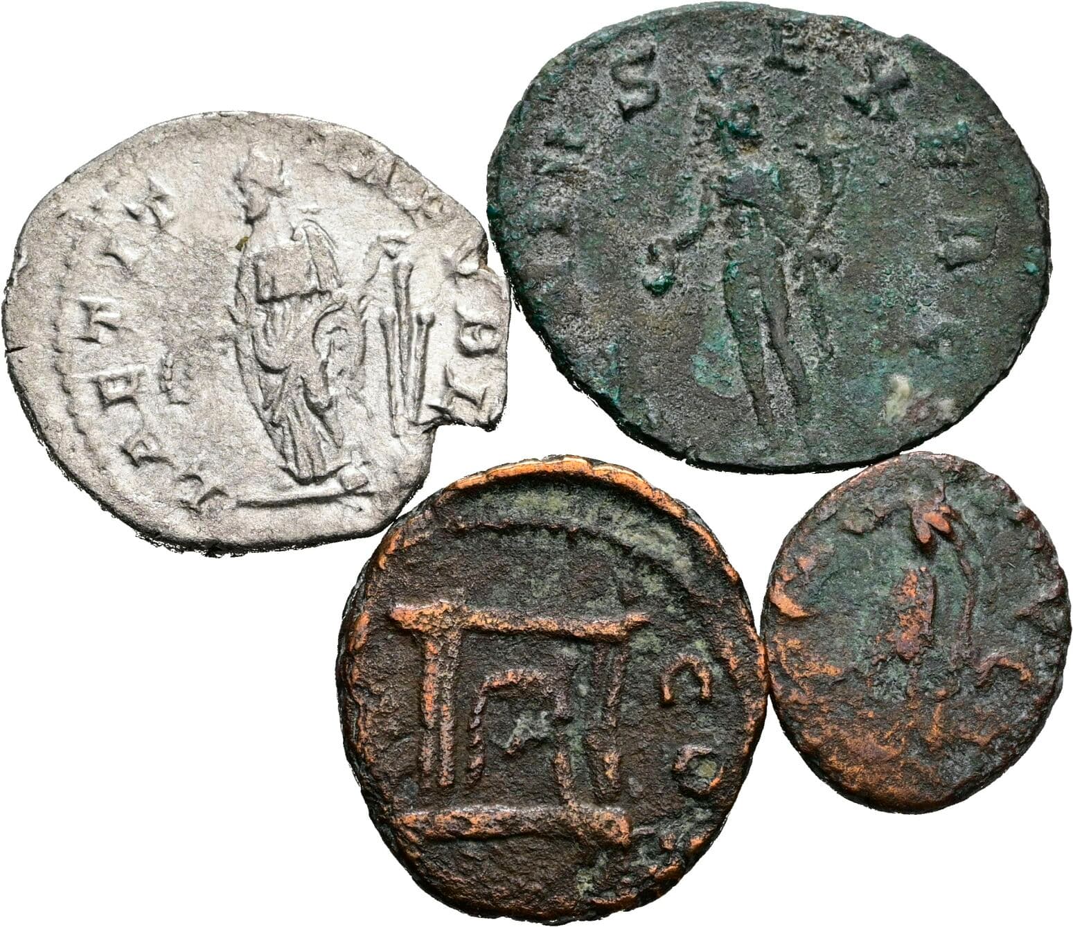 Denar, 3 Stück spätrömische Folles, Antoniniane