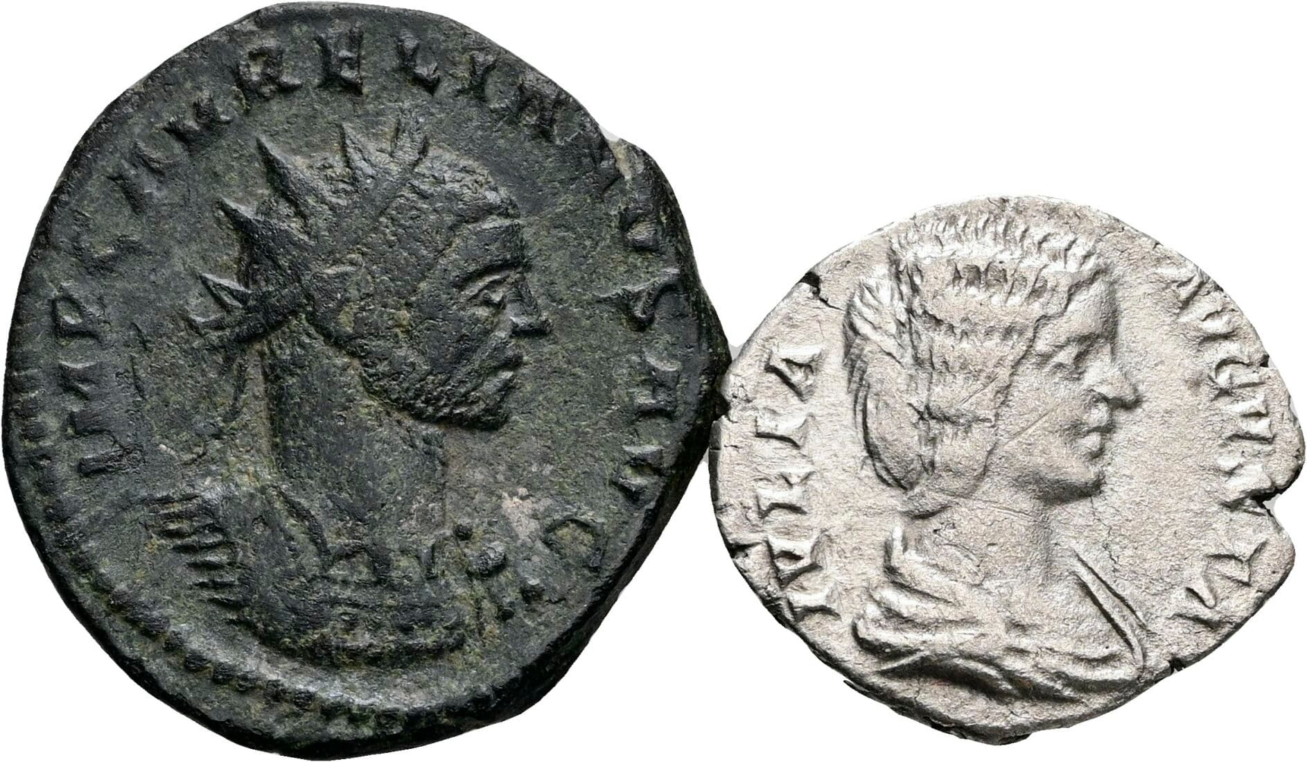 Lot 2 Stück Münzen Julia Domna (+217) und Aurelianus (270-275) – Vorderseite