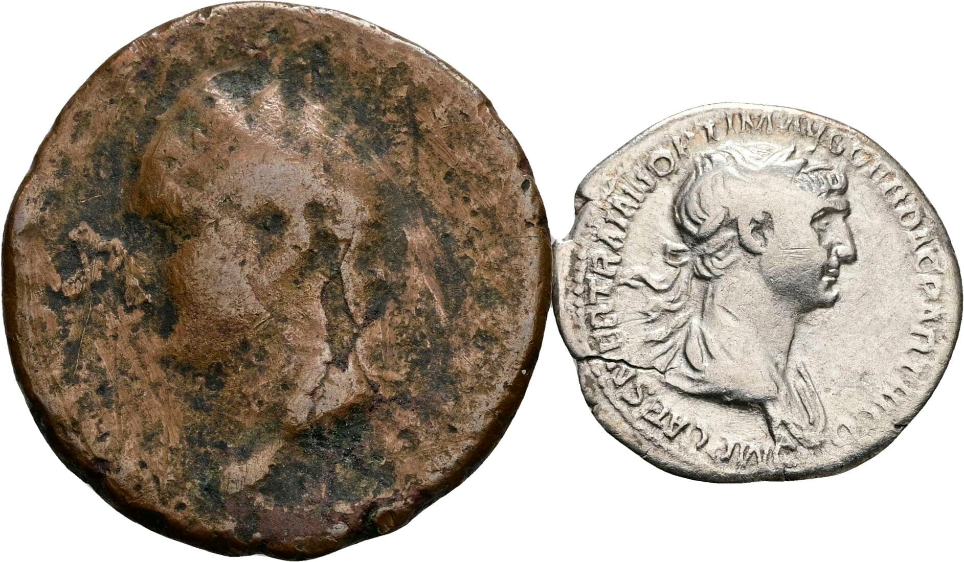 Lot 2 Stück Münzen Traianus 98-117 AC – Vorderseite