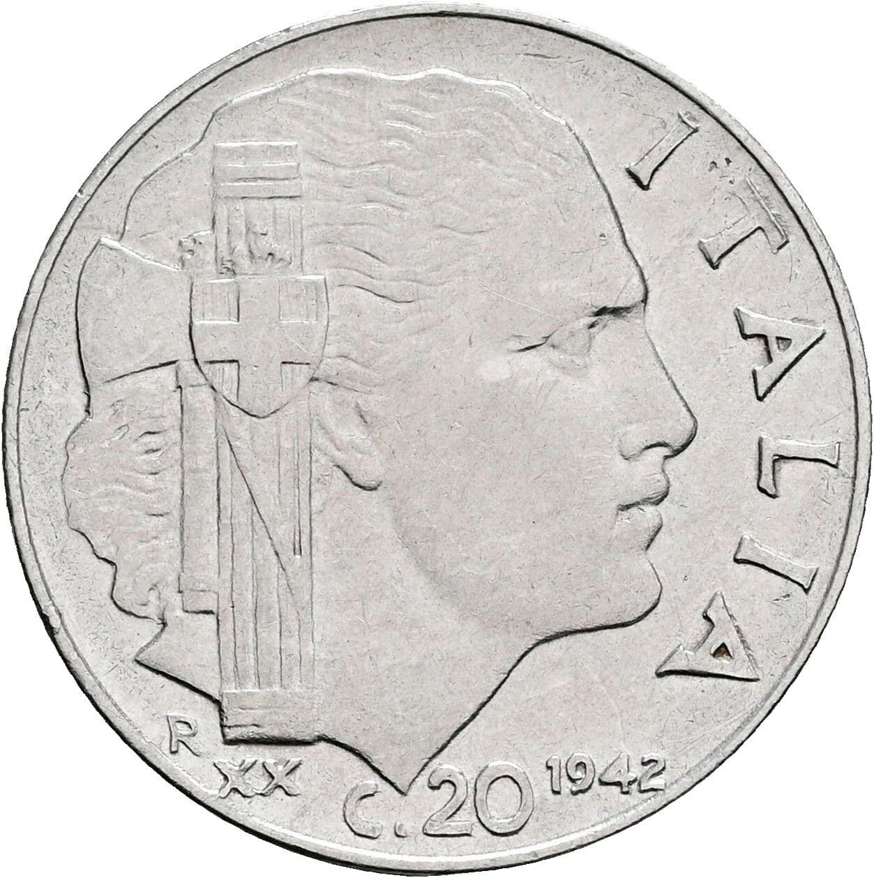 20 Centesimi Vittorio Emanuele III. 1900-1946 1942 – Vorderseite