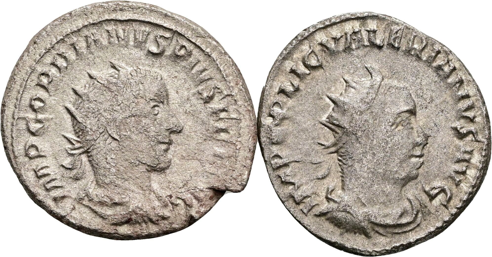 Lot 2 Stück Antoniniane Gordianus III. Pius 238-244, Valerianus I. 253-260 – Vorderseite