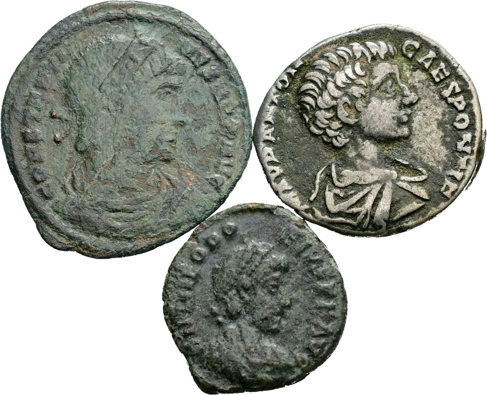 Lot 1x Denar, 2x Folles Constantinus II. 337-340, Caracalla 198-217, Theodosius I. 379-395 – Vorderseite