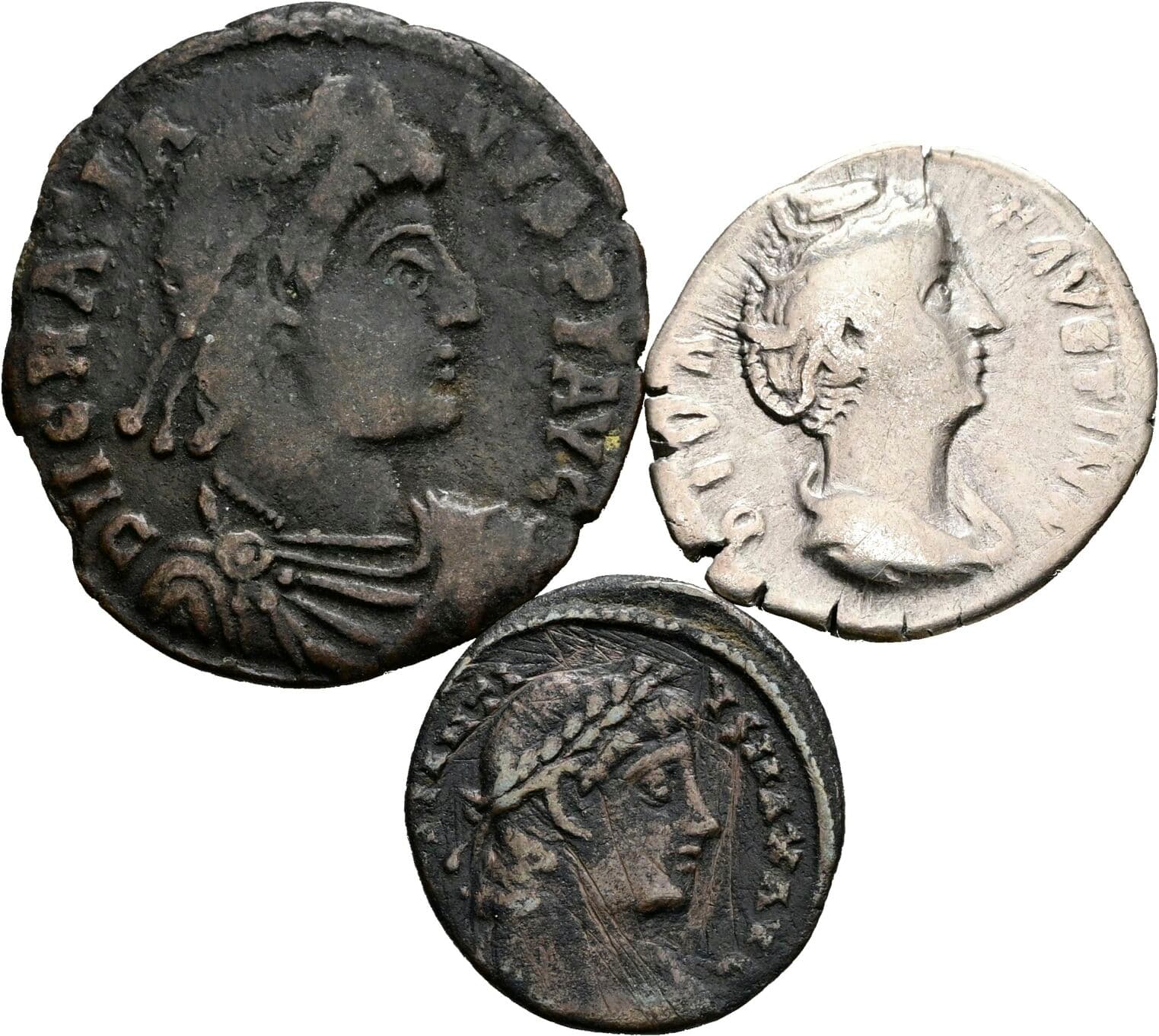 Lot 1x Denar, 2x Folles Faustina 141, Constantius II. 337-361, Gratianus 367-383 – Vorderseite