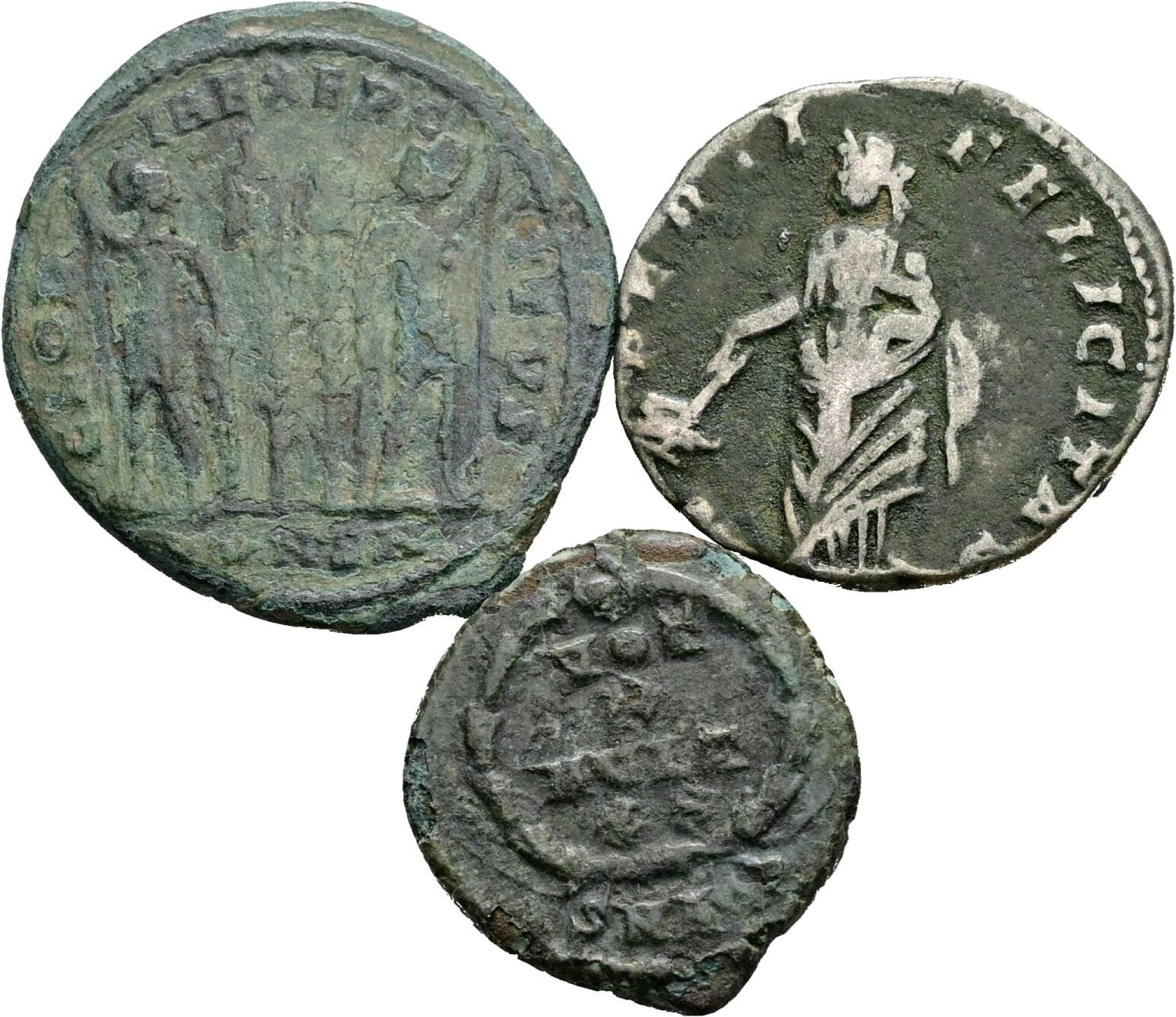 Lot 1x Denar, 2x Folles Constantinus II. 337-340, Caracalla 198-217, Theodosius I. 379-395 – Rückseite
