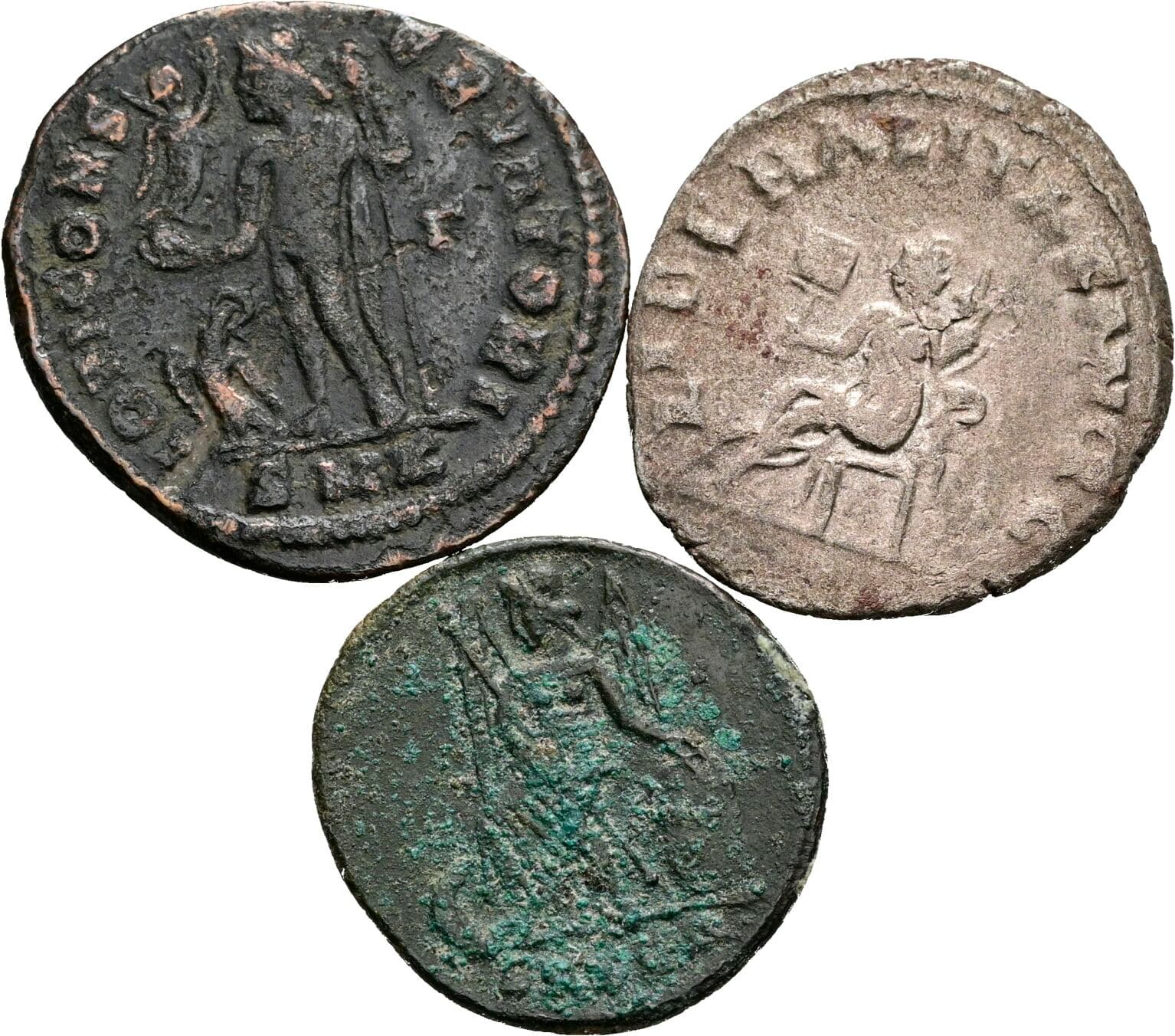 Lot 2x Folles, 1x Antoninian Constantinus I. 307-337, Valerianus I. 253-260, Constantinus I. der Große 306-337 – Rückseite