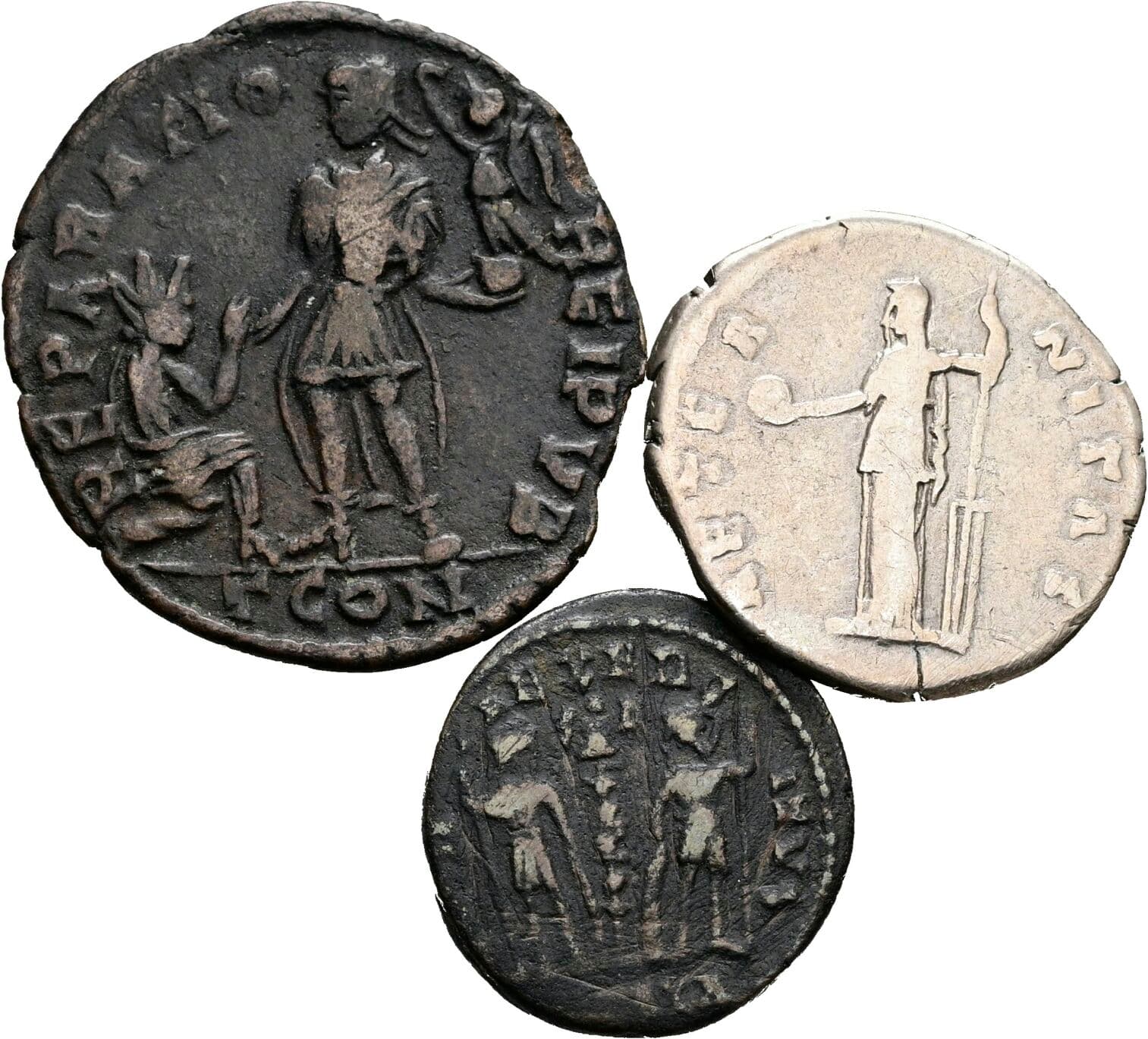 Lot 1x Denar, 2x Folles Faustina 141, Constantius II. 337-361, Gratianus 367-383 – Rückseite