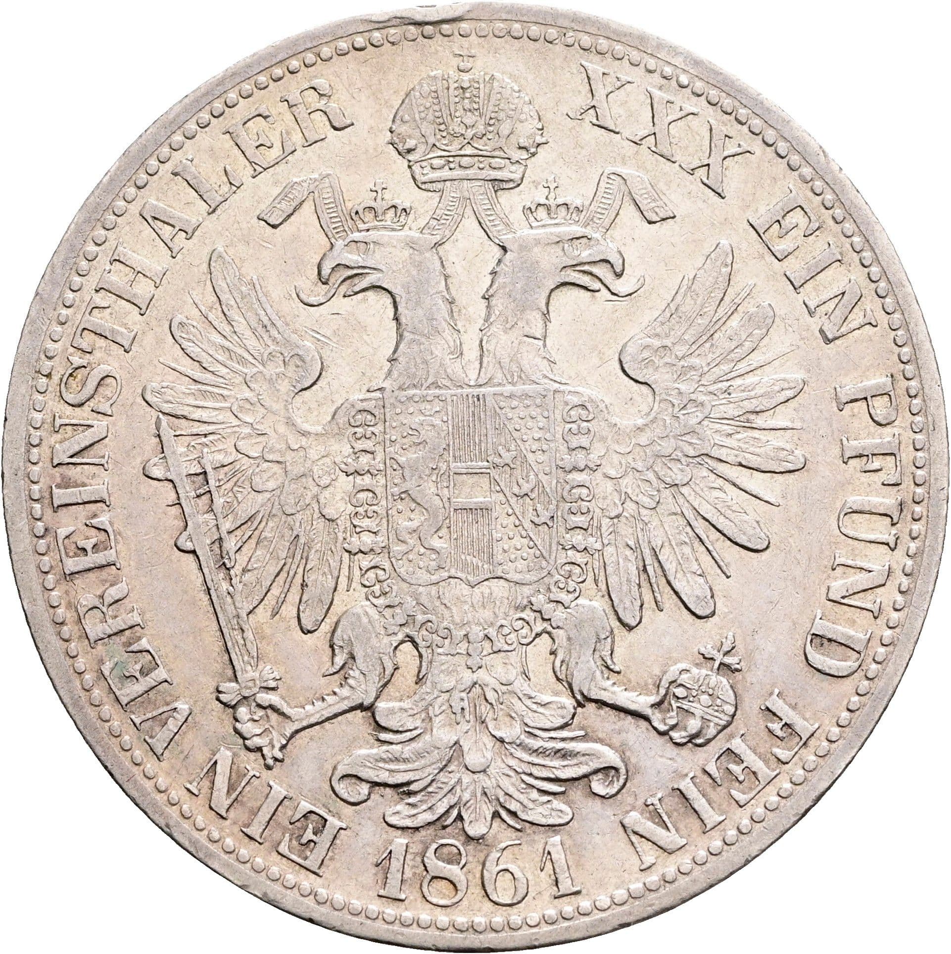 1 Vereinstaler Franz Joseph I. 1848-1916 1861 V – Rückseite