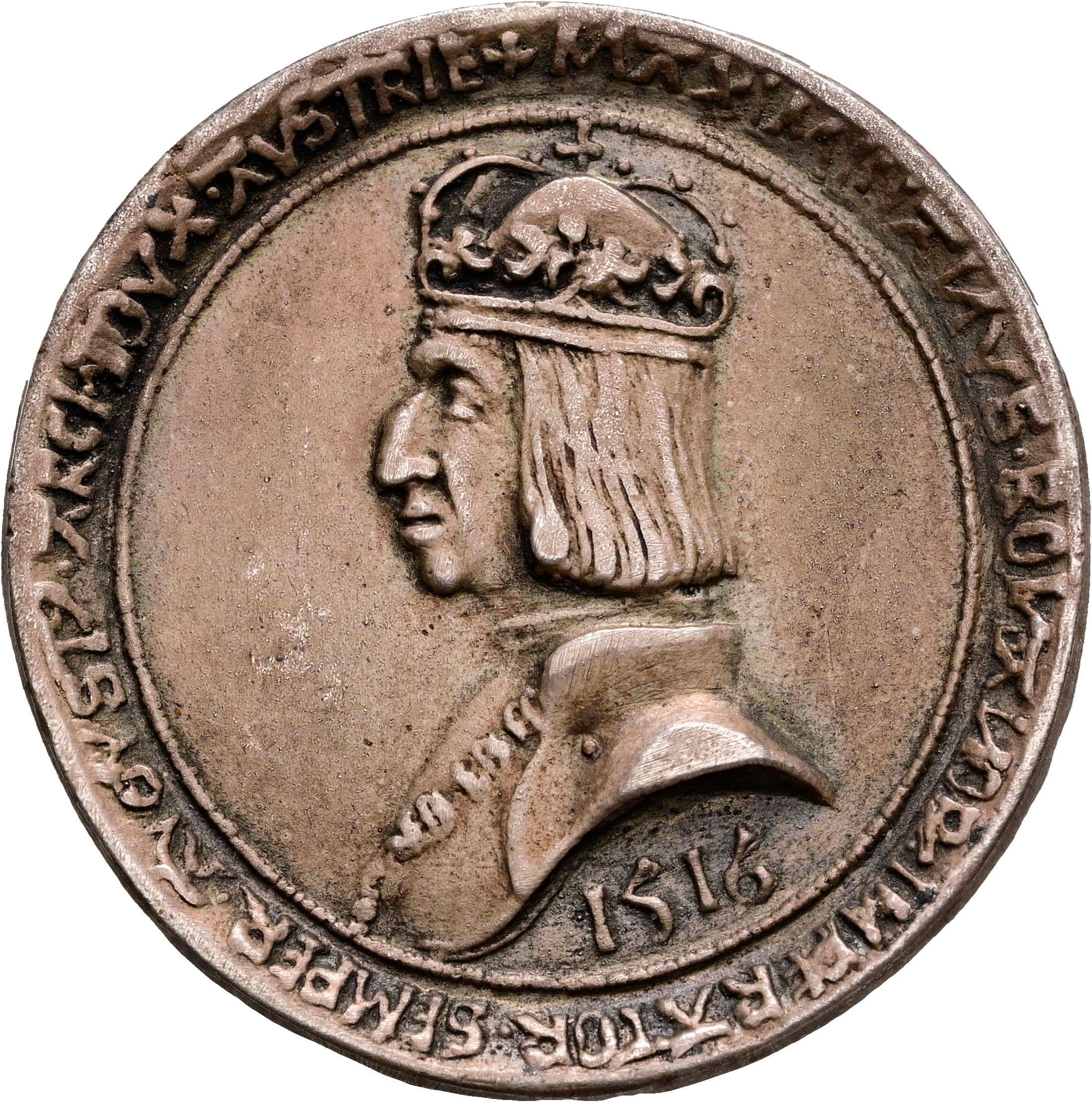 alter Abguss vom Schüsselrandguldiner Maximilian I. 1459-1519 1518 – Vorderseite