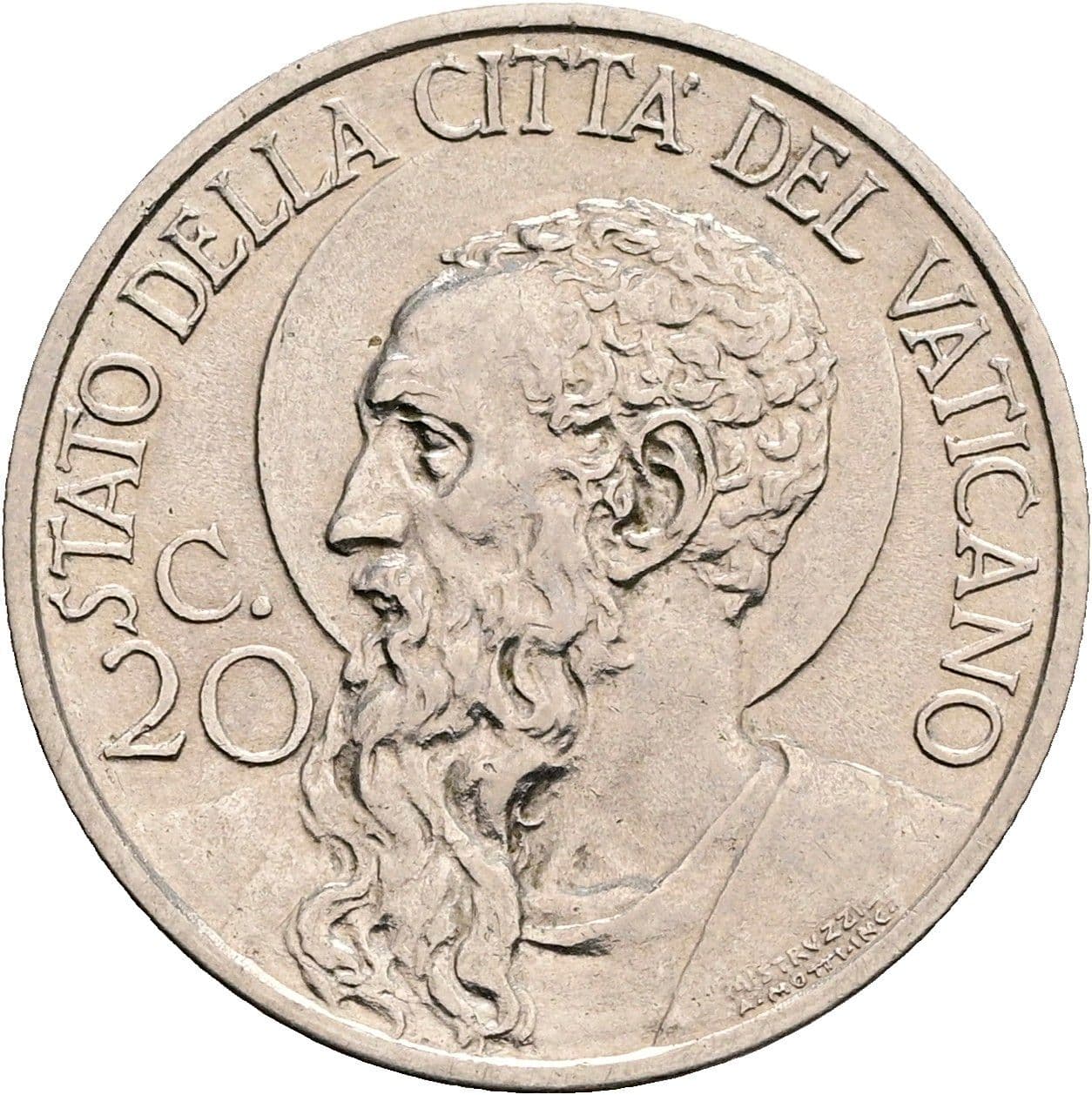 20 Centesimi Papst Pius XI. (1922-1939) 1937 – Vorderseite