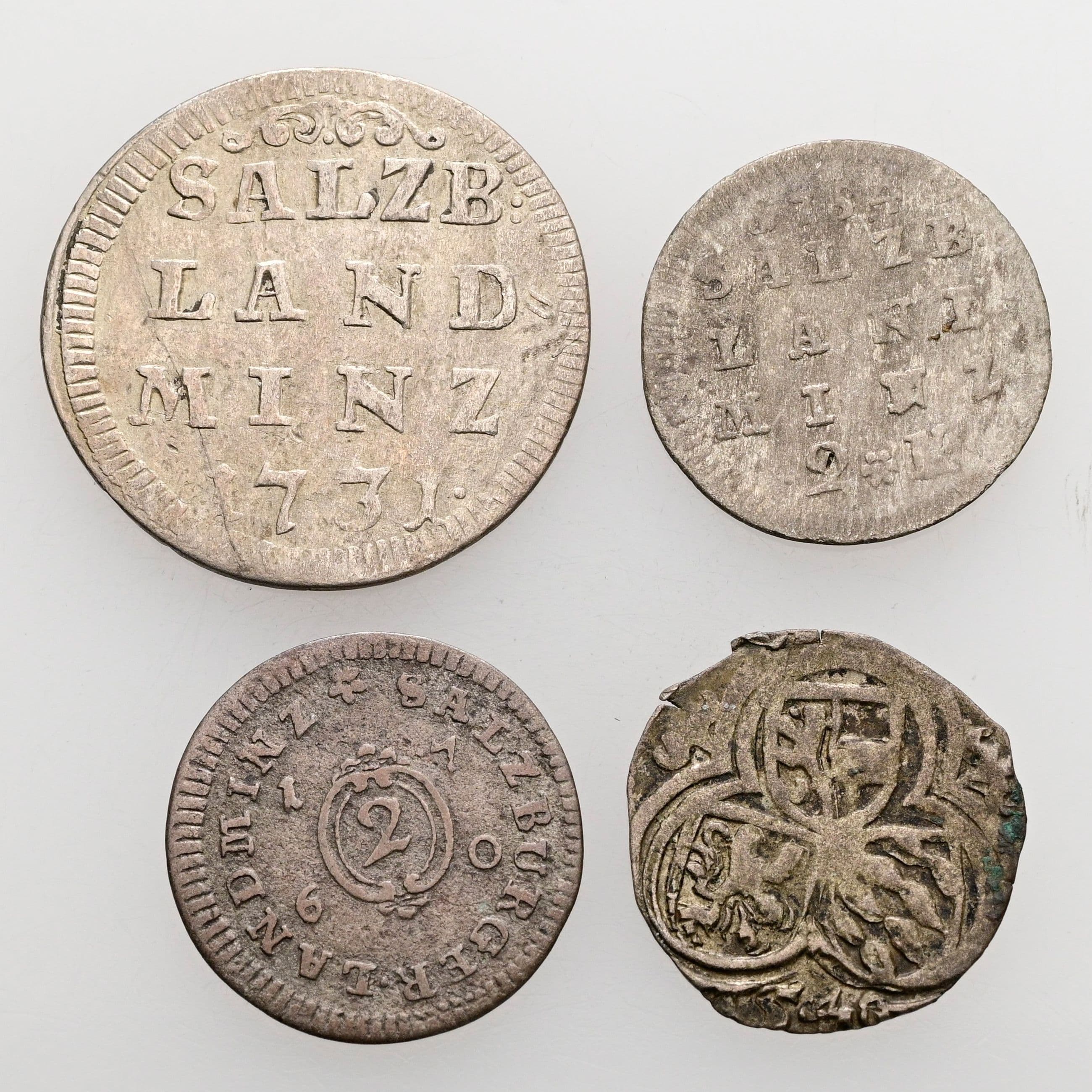 Lot Salzburger Kleinmünzen, 2 Pfennige, 2 Kreuzer, 4 Kreuzer