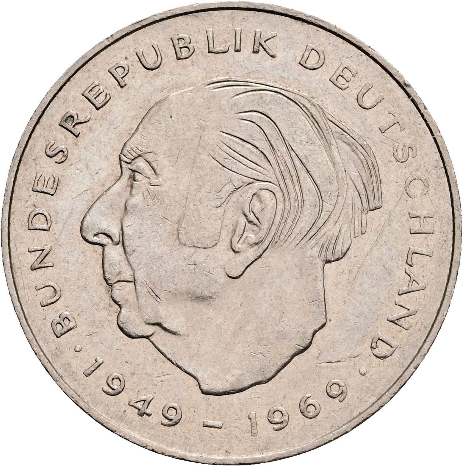 2 Deutsche Mark 1977 J – Vorderseite