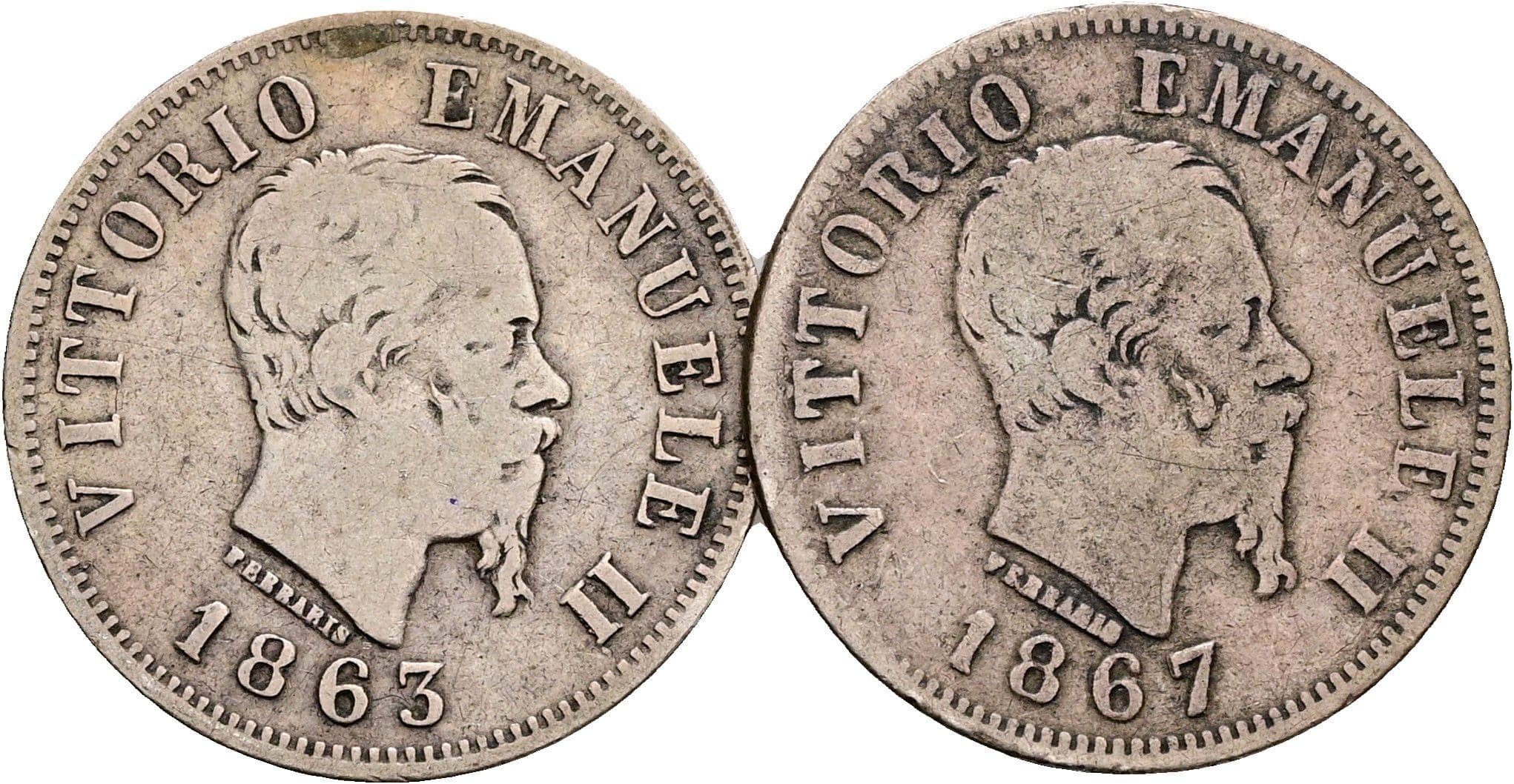 Lot 2 Stück 50 Centesimi Vittorio Emanuele II. 1861-1878 1863 M + 1867 N – Vorderseite