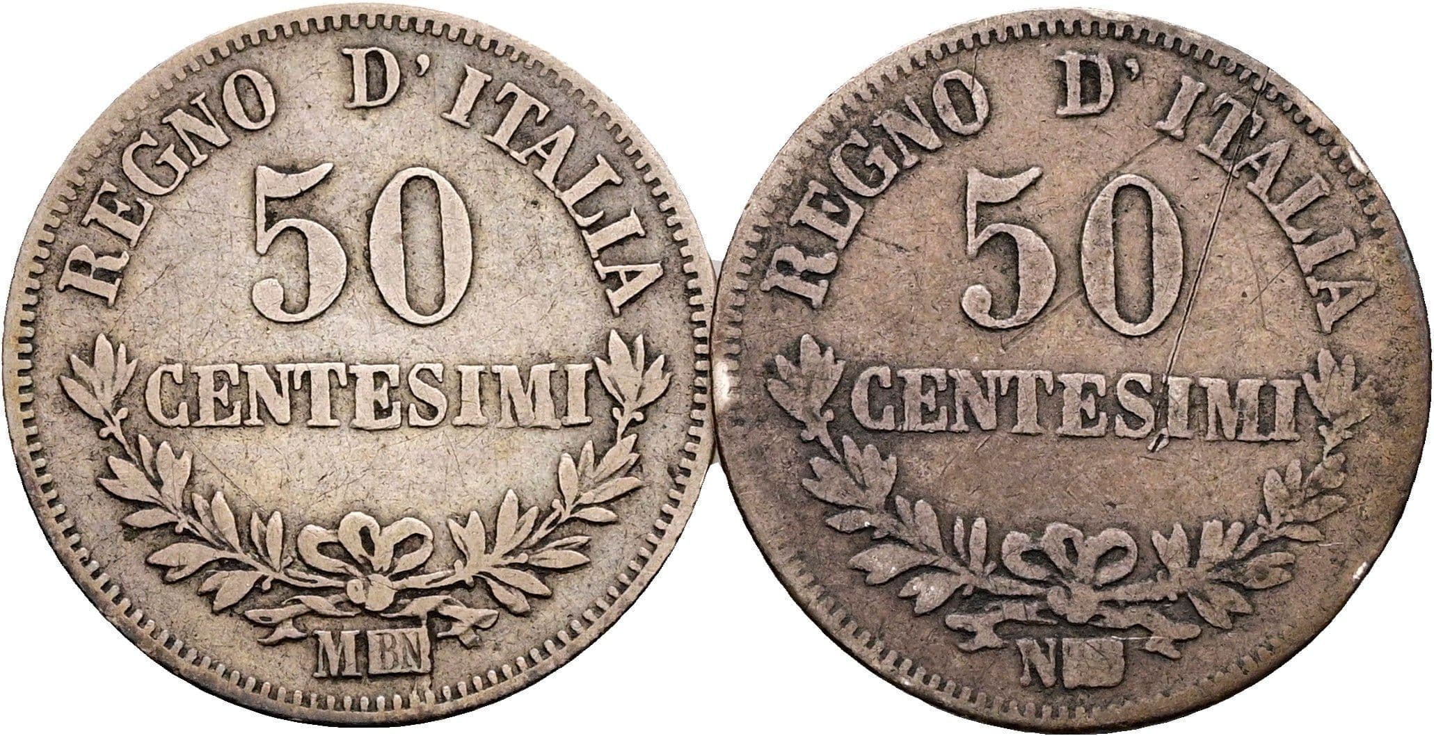 Lot 2 Stück 50 Centesimi Vittorio Emanuele II. 1861-1878 1863 M + 1867 N – Rückseite