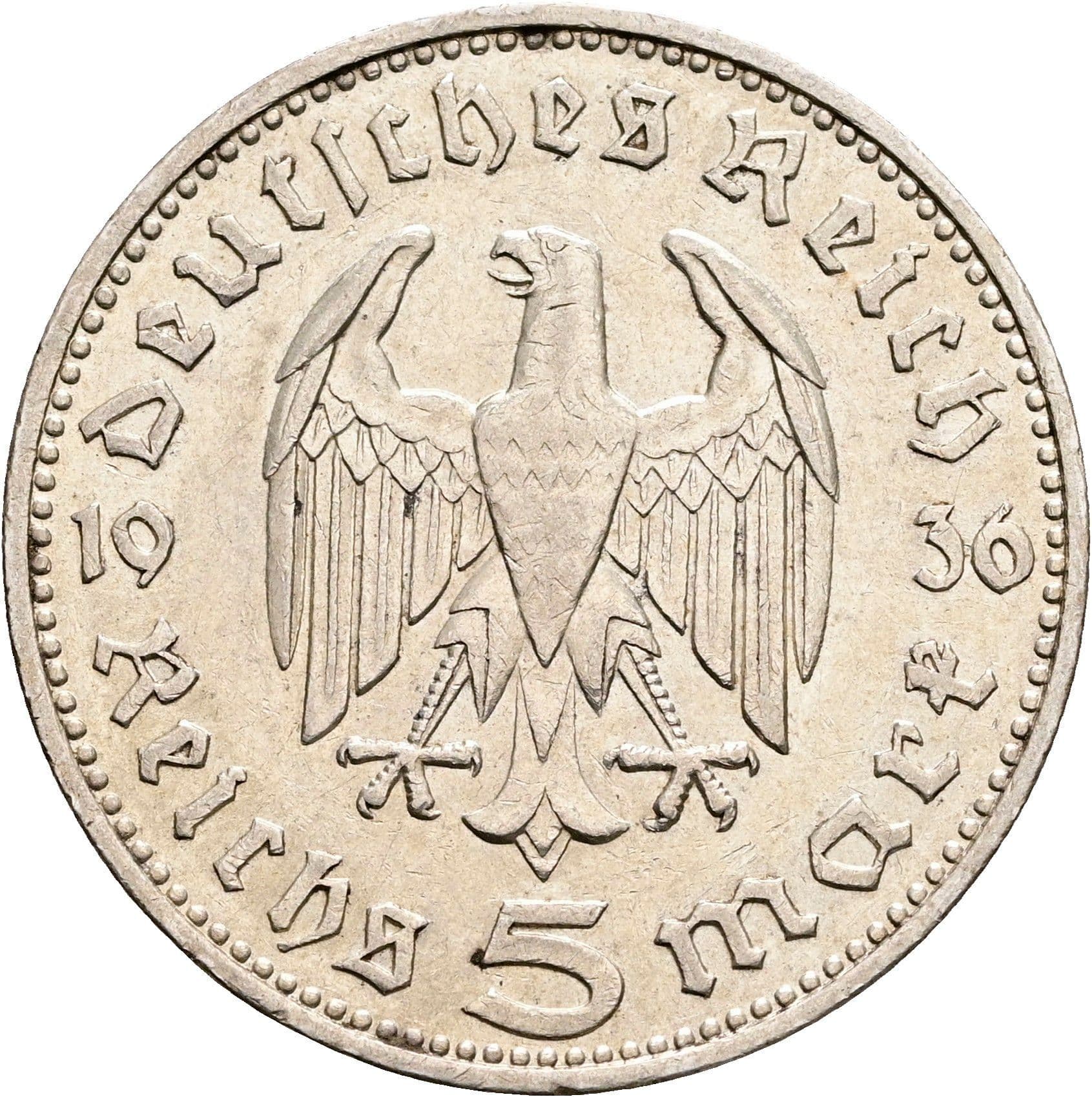 5 Reichsmark Hamburg 1936 J – Rückseite