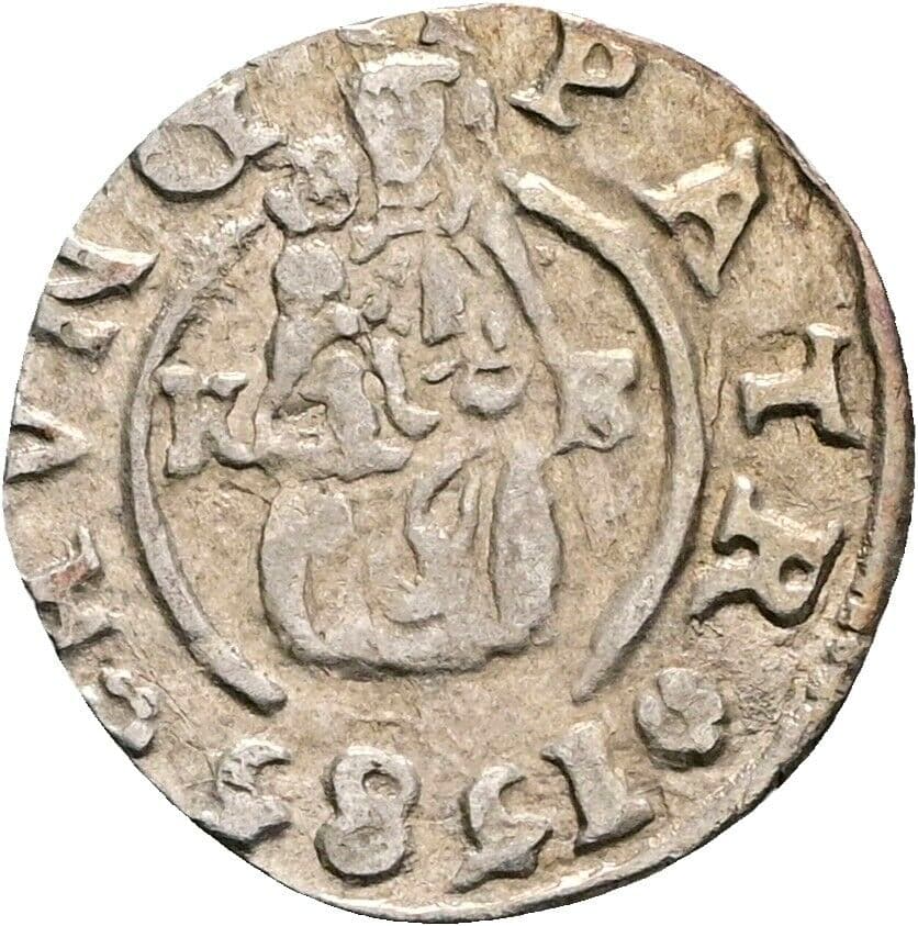 Denar Rudolf II. 1585 KB, Kremnitz – Vorderseite
