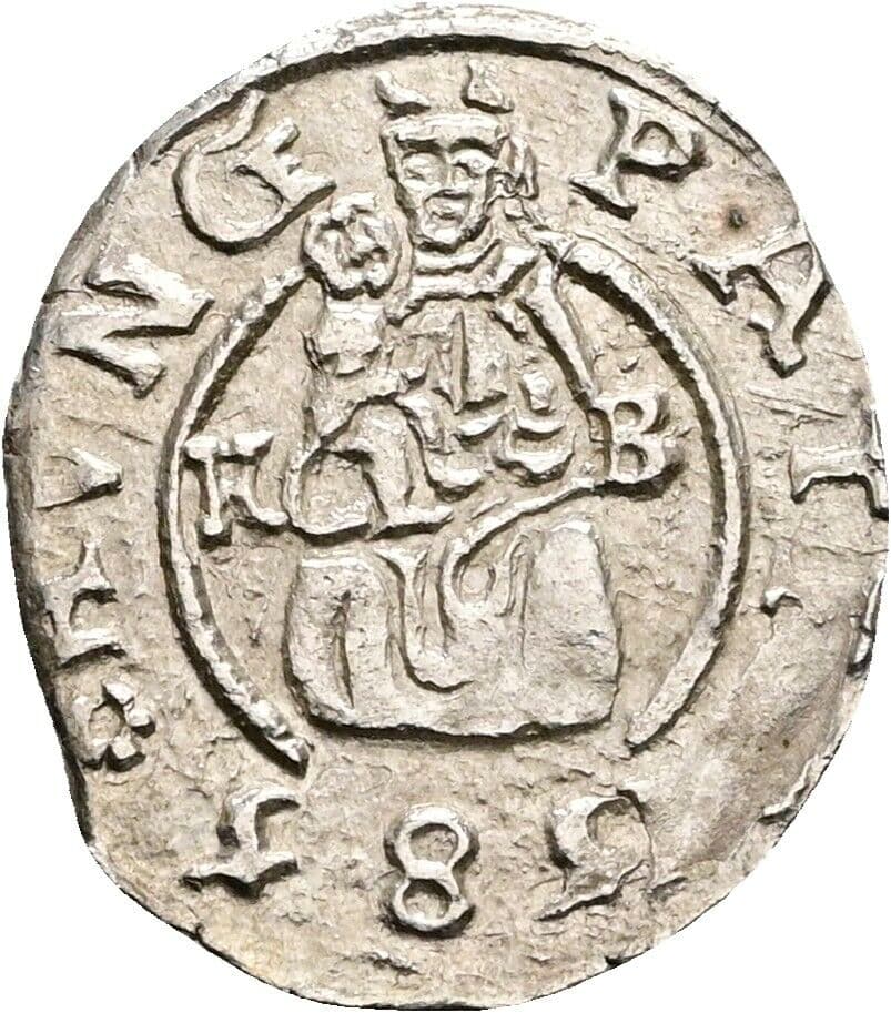 Denar Rudolf II. 1585 KB, Kremnitz – Vorderseite
