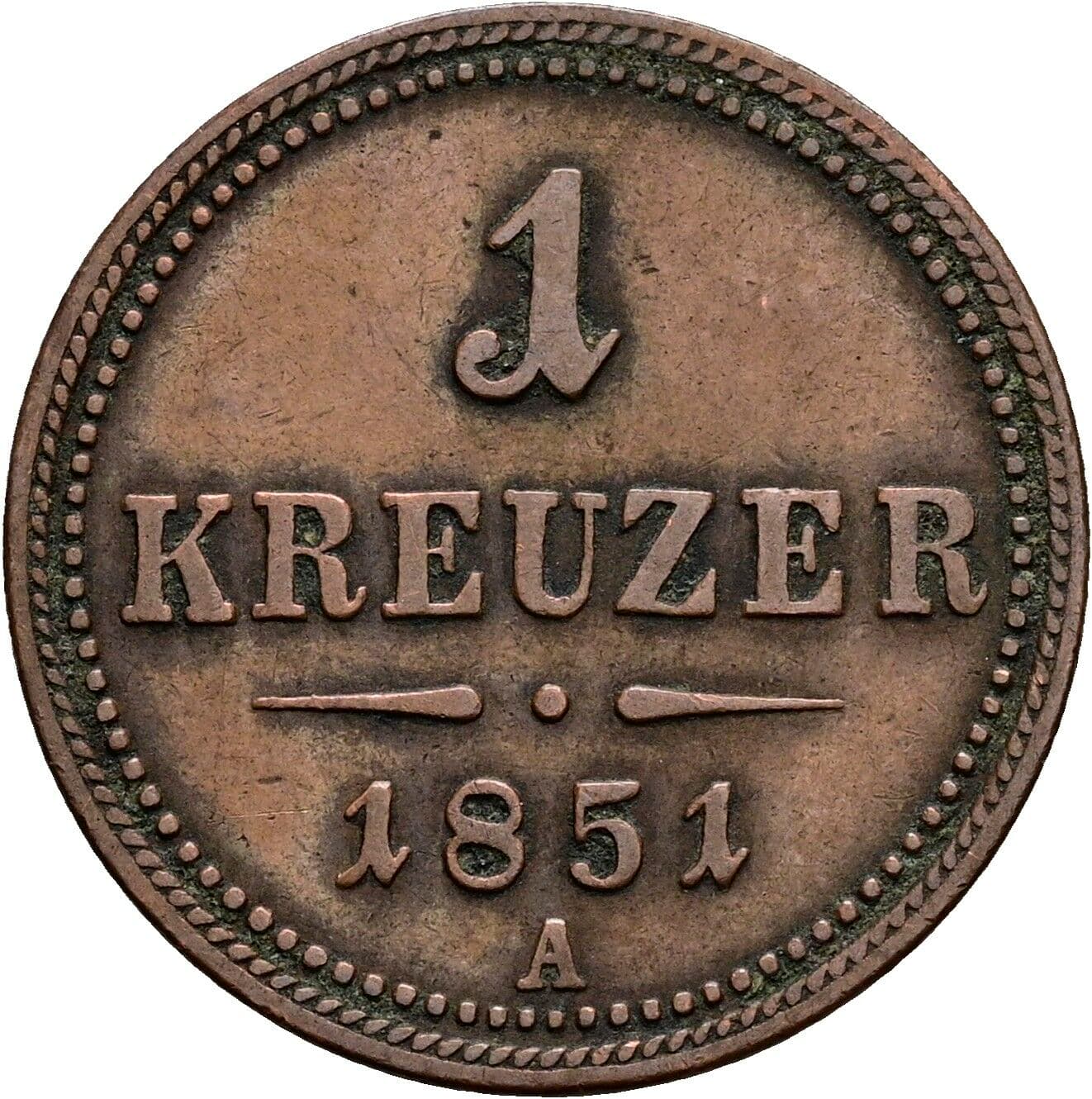 1 Kreuzer Franz Joseph I. 1848-1916 1851 A, Wien – Vorderseite