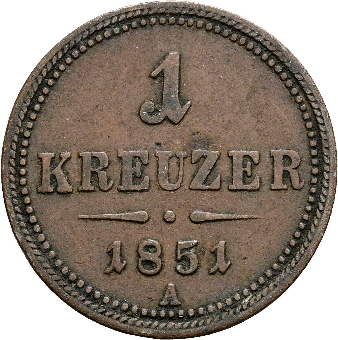 1 Kreuzer Franz Joseph I. 1848-1916 1851 A, Wien – Vorderseite